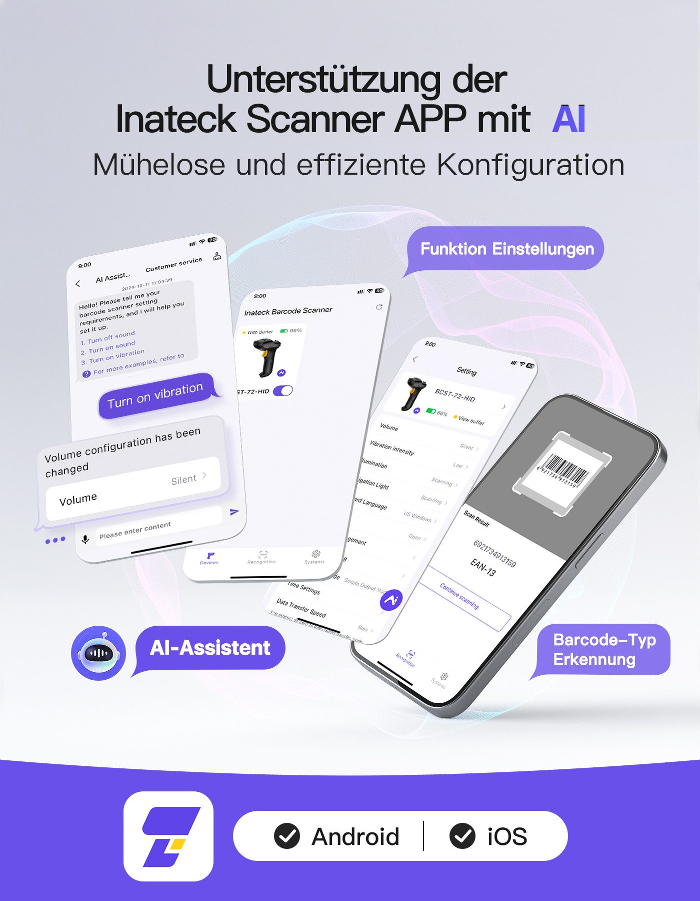 Inateck Barcode Scanner 2D Bluetooth, Kabellose QR Code Scanner Handscanner, (1 Ladung 180 Tage Standby)