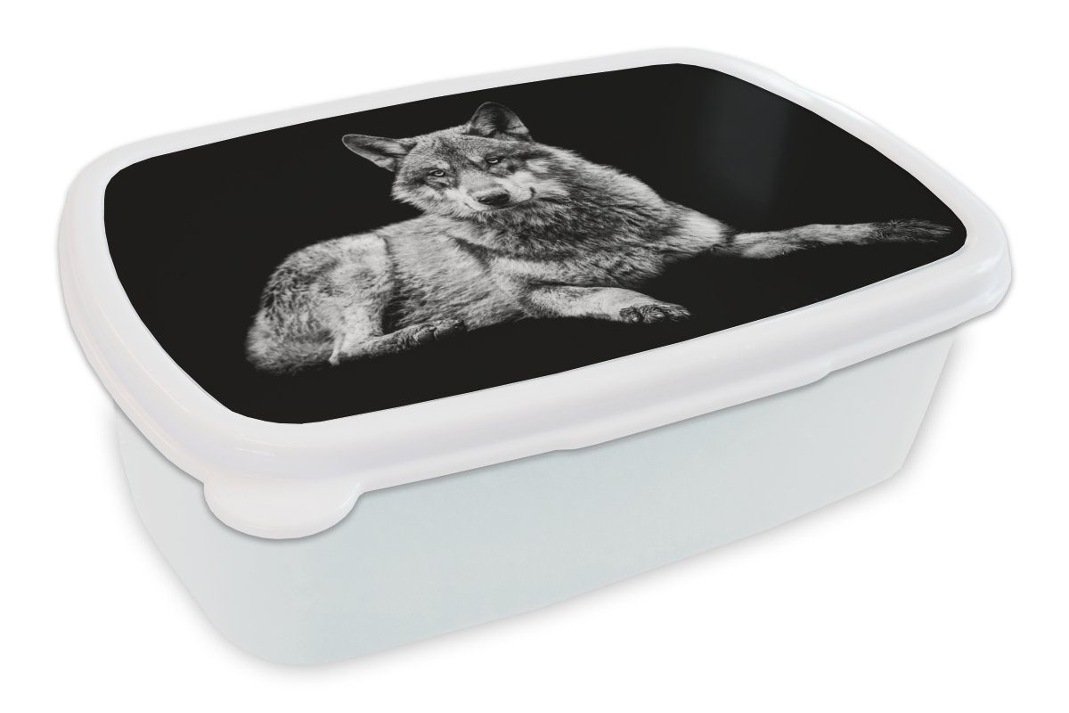MuchoWow Lunchbox Wildlife - Mädchen Jungs Weiß, (2-tlg), und für Kinder - Brotdose, für Schwarz Kunststoff, und Brotbox Erwachsene, Wolf 