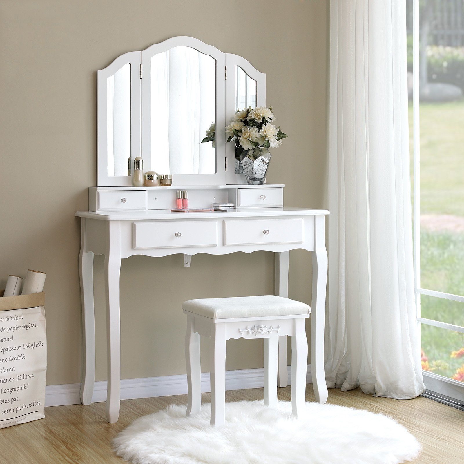 SONGMICS Schminktisch RDT07W, Frisiertisch, Kosmetiktisch mit 3 Spiegel, mit Hocker u. 4 Schubladen, weiß