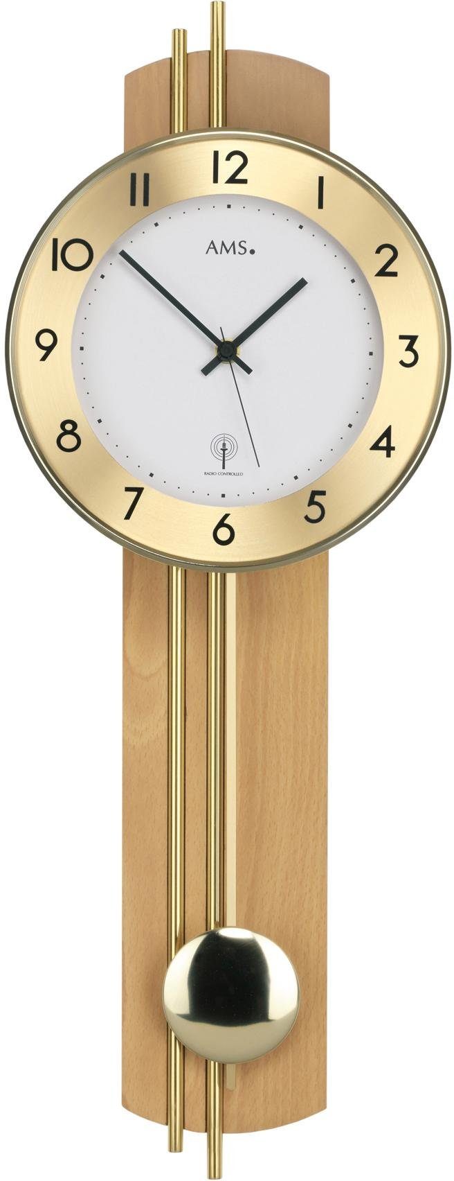 AMS Funk-Pendelwanduhr F5266/18 (Quarzuhr, Holzgehäuse, Buche,Esszimmer,Wohnzimmer)