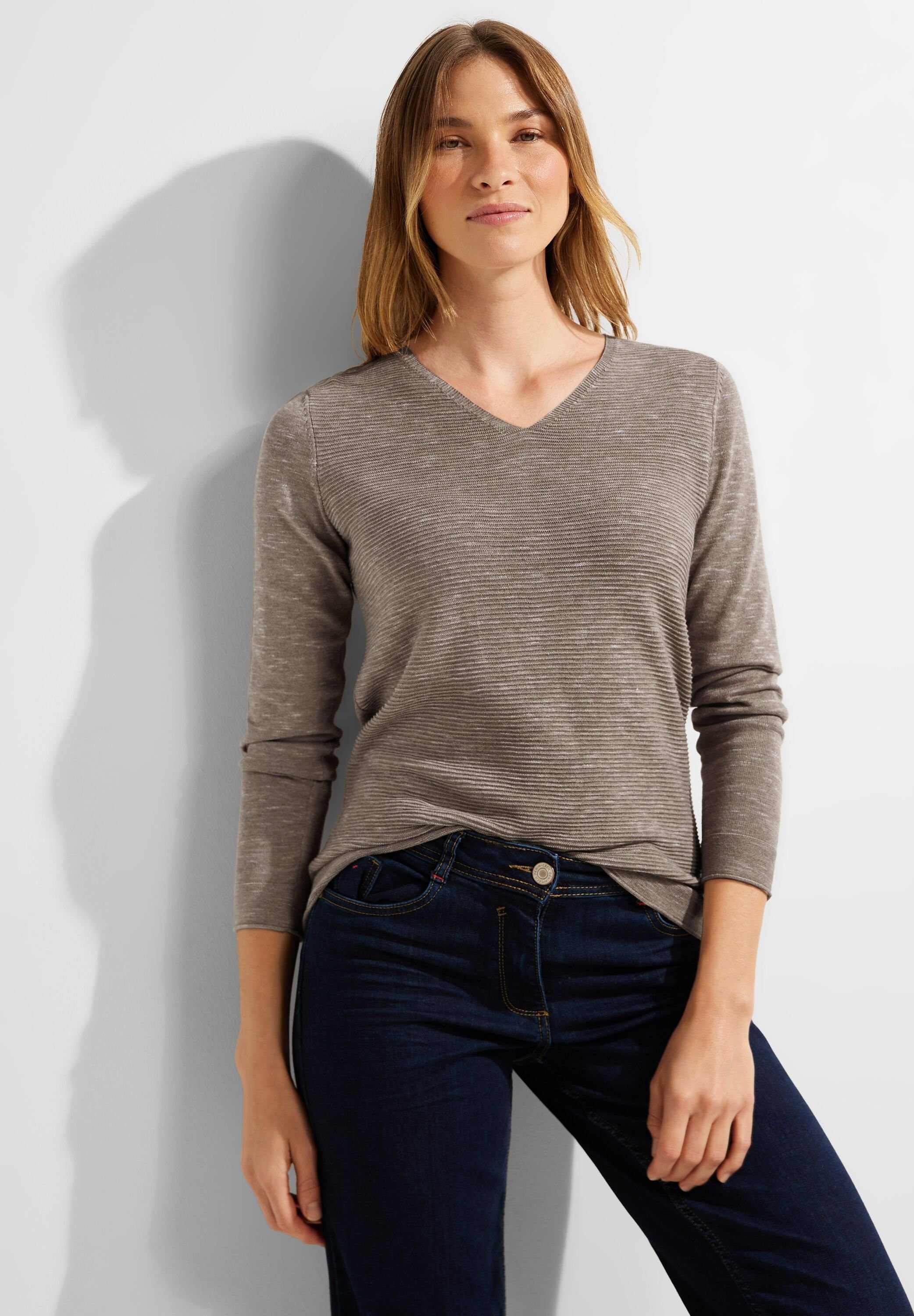 Cecil V-Ausschnitt-Pullover mit Streifen-Struktur heather taupe melange