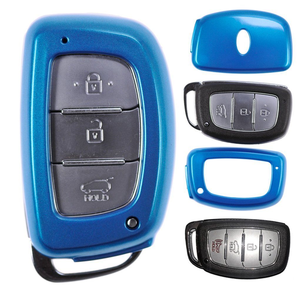 mt-key Schlüsseltasche Autoschlüssel Hardcover Schutzhülle Metallic Blau, für Hyundai Tucson i40 i10 i20 ix35 KEYLESS SMARTKEY