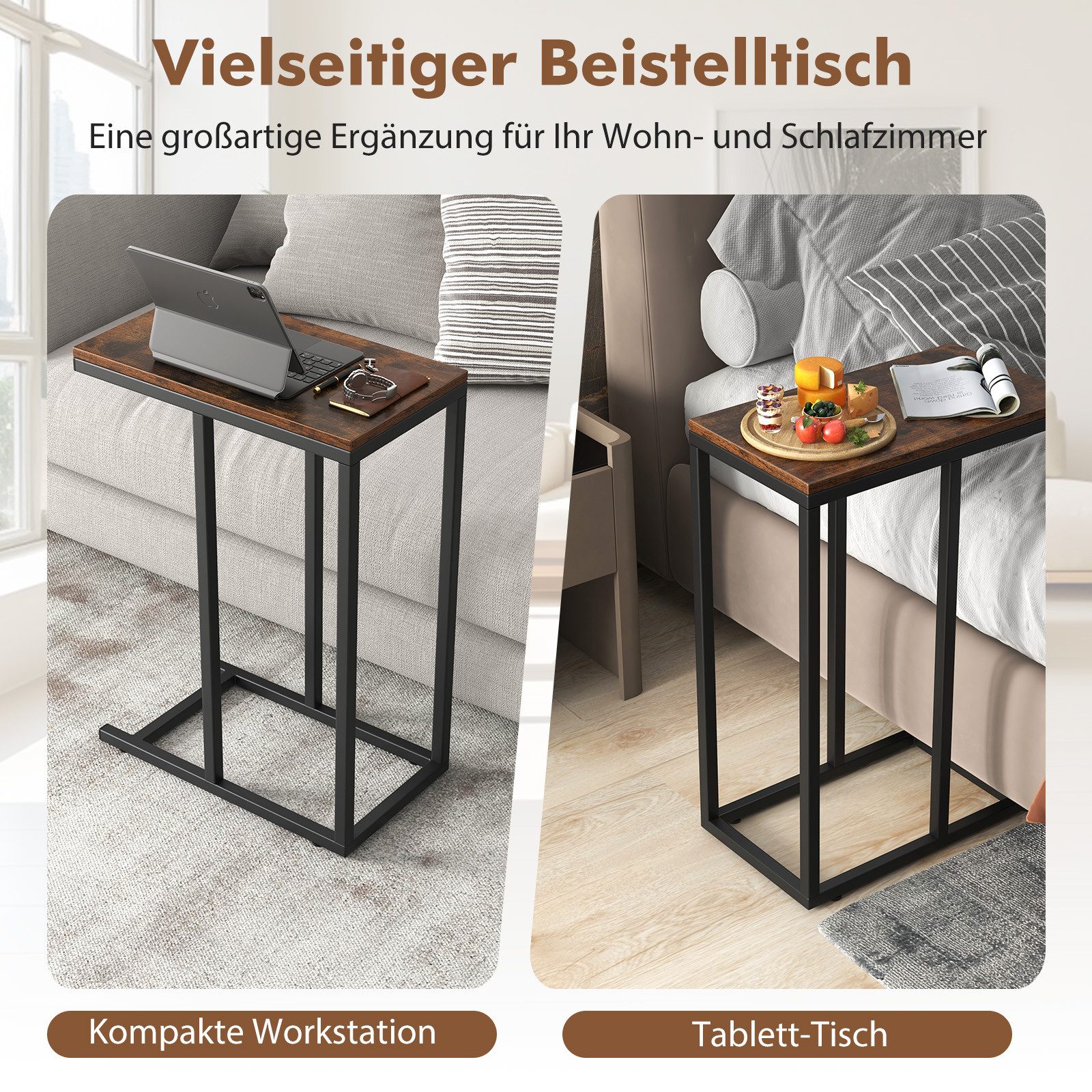 COSTWAY Beistelltisch, C-Form, Sofatisch mit Metallgestell, Laptoptisch, 45,5x25,5x64cm