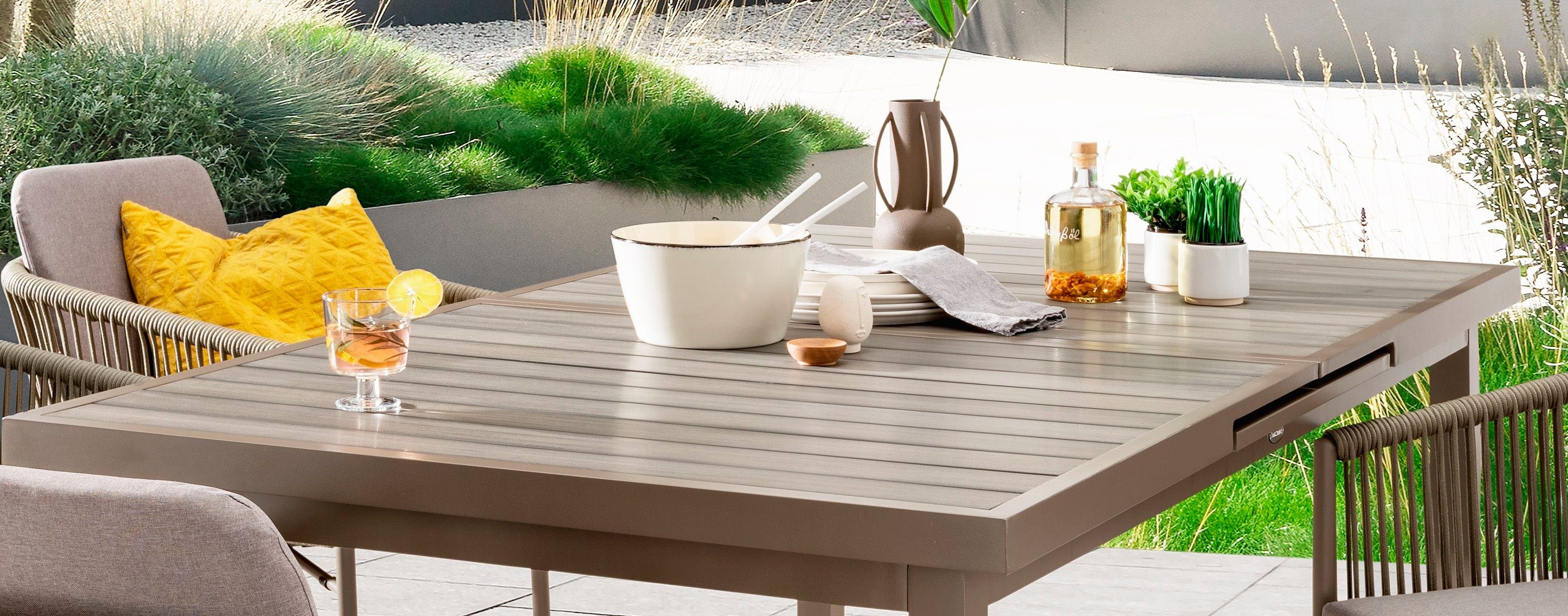 Destiny Garten-Essgruppe LUCCA IMOLA, (13-tlg., 4x Sessel, 1x Tisch, inkl. Auflagen), Aluminium, Polyrattan, Rope