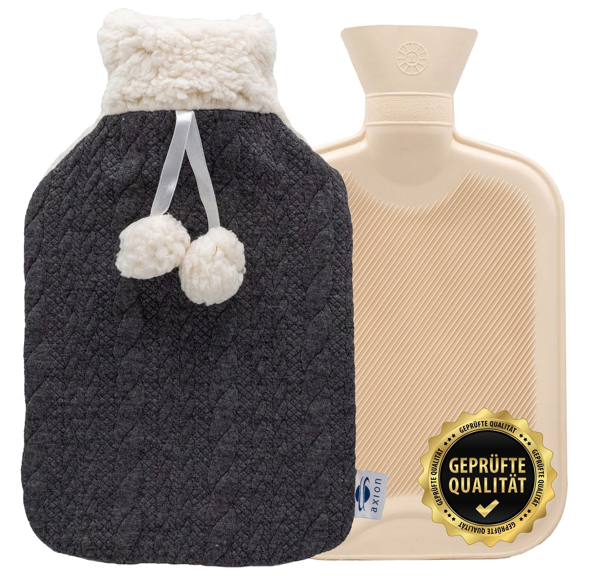 Axion Wärmflasche mit Bezug, 33 x 20 cm, ca. 2 Ltr., Wärmflaschen, grau-beiger Plüsch, 100% Naturkautschuk, Weihnachtsgeschenk