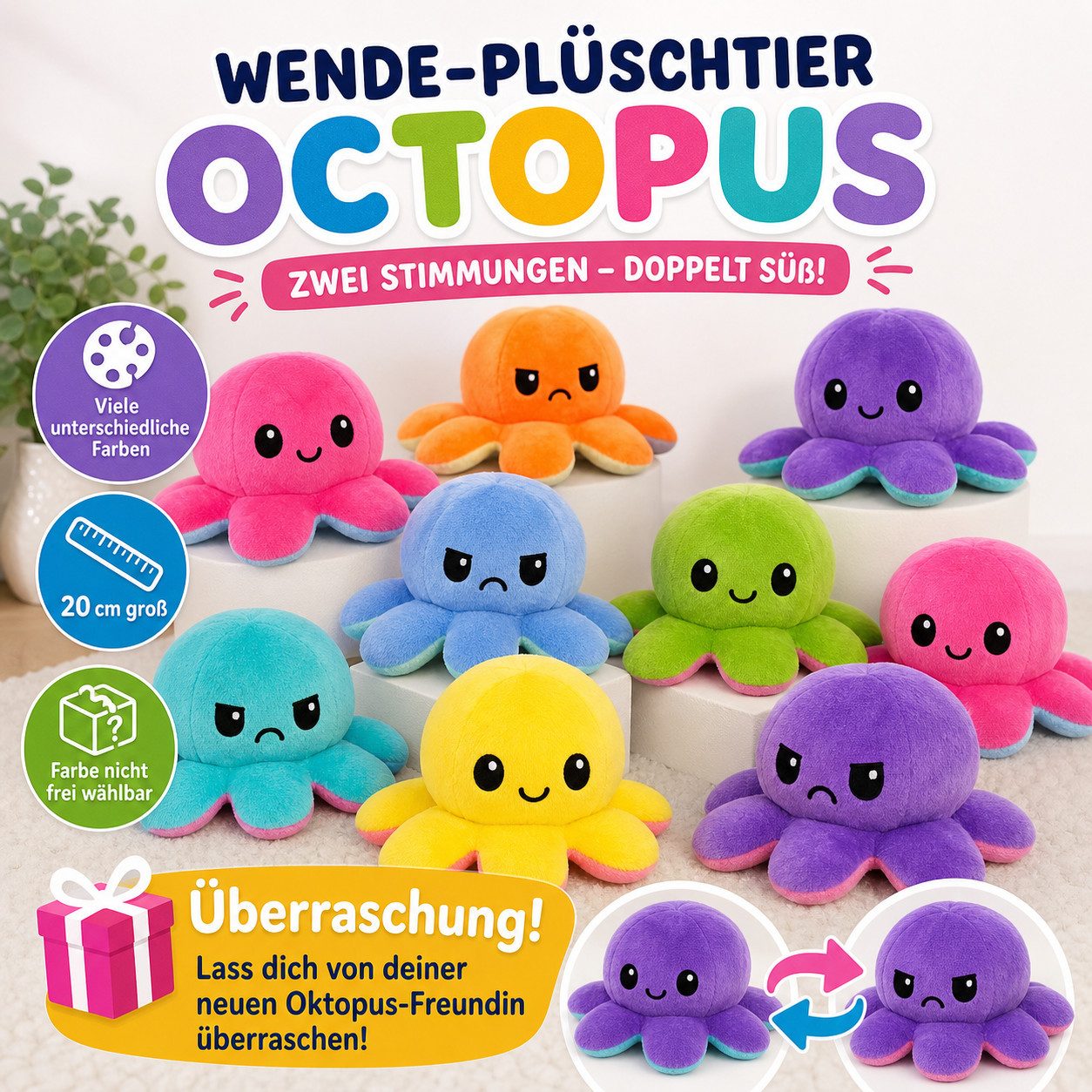 soma Kuscheltier Wendbarer Plüsch Oktopus 20 cm – Mood Kuscheltier bunte Farben (Set, 1-St., Geschenk-Set), Wendbar mit zwei Emotionen, weich und kompakt für unterwegs