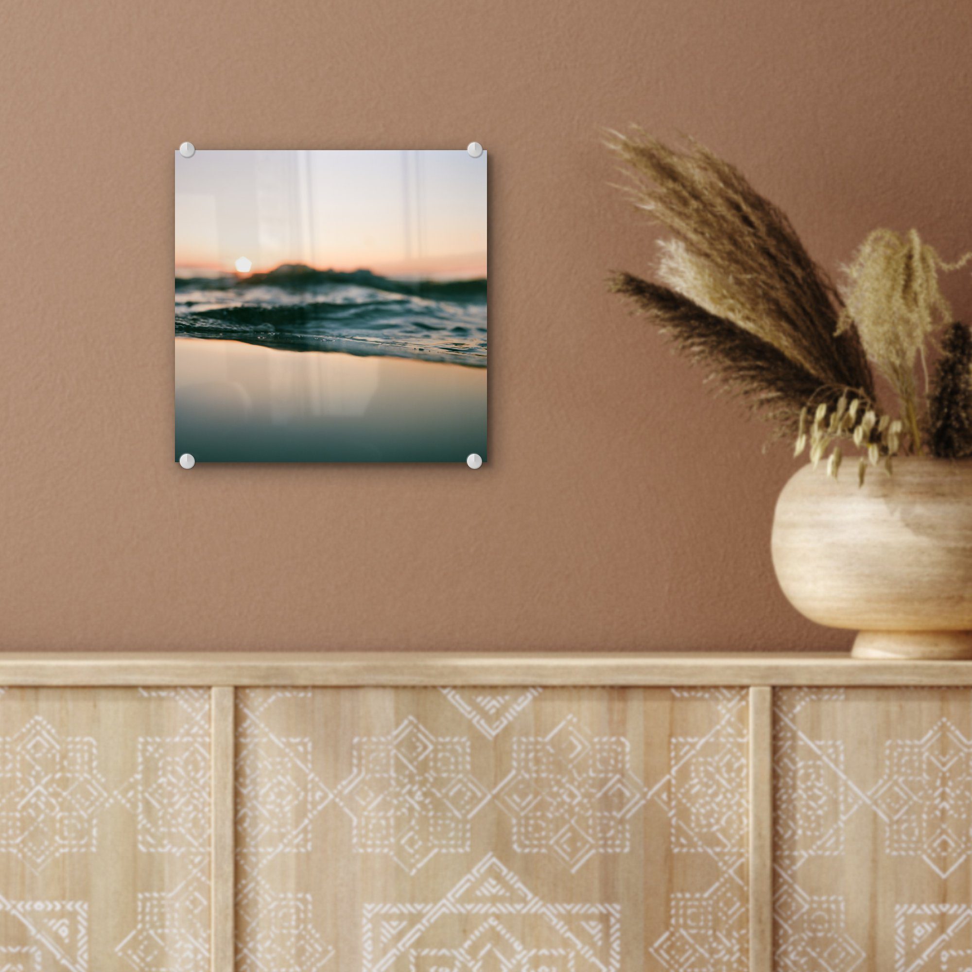 Wandbild - auf auf - Glas - Acrylglasbild Bilder (1 Wanddekoration St), - Wellen Glas Sonne, MuchoWow - Glasbilder Meer Foto