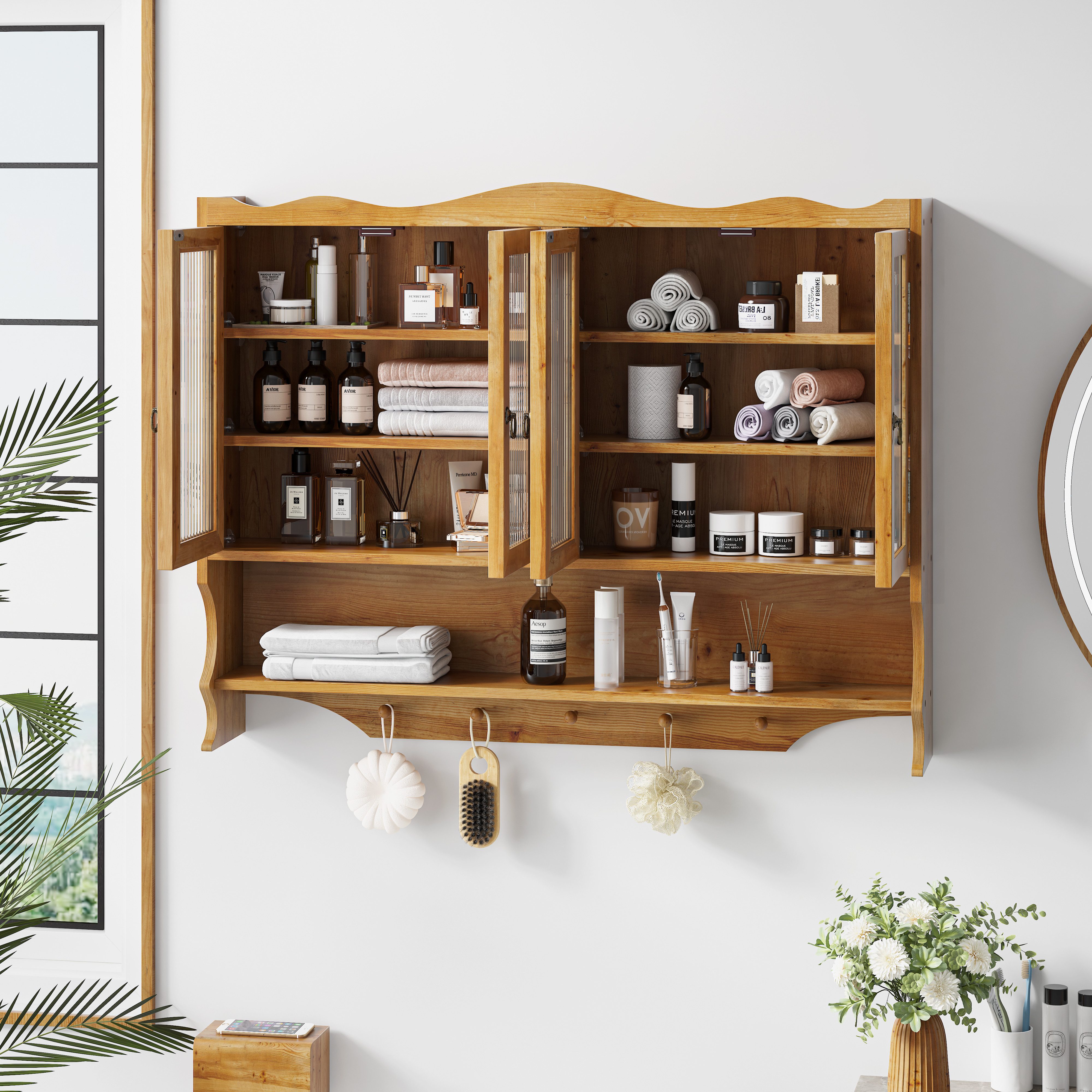 REDOM Hängeschrank 100 cm Wandschrank mit 4 Türen und Offenem Hakenrack (Design aus Holz und Glas, 35 kg Belastbarkeit, Badschrank Badezimmerschrank, Robustes Design aus Holz und Glas, 35 kg Tragkraft)