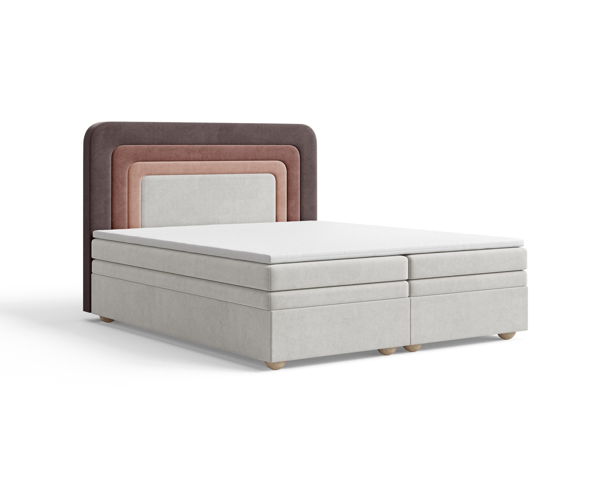 MOEBLO Boxbett NEST (Erdtöne Bett in neutralen Farben, regenbogenförmige abgerundete Kopfstütze, mit Bettkasten, Samt, Velour, Bonell + Topper, Doppelbett Taupe Beige), (BxHxT): 143 / 163 / 183 x 125 x 214 cm