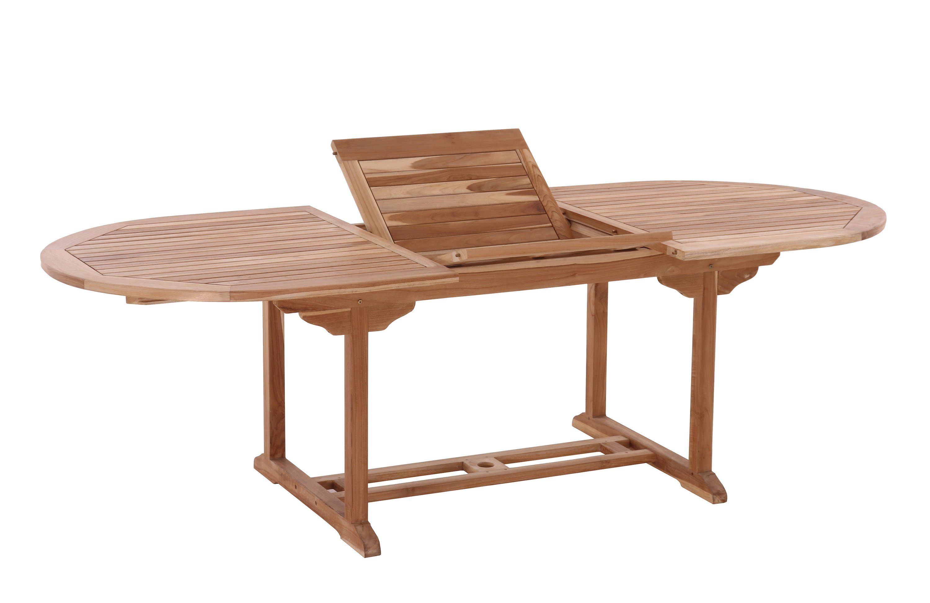 TPFGarden Gartentisch TEAKA - Ovaler Gartenesstisch aus unbehandeltem Teakholz (Langlebiger und witterungsbeständiger Outdoor Esstisch, 1-St., Ausziehbarer Holztisch mit Schirmaussparung - Farbe natur), Teakholz Tisch mit den Maßen (BxHxT): 180-240x75x100 cm