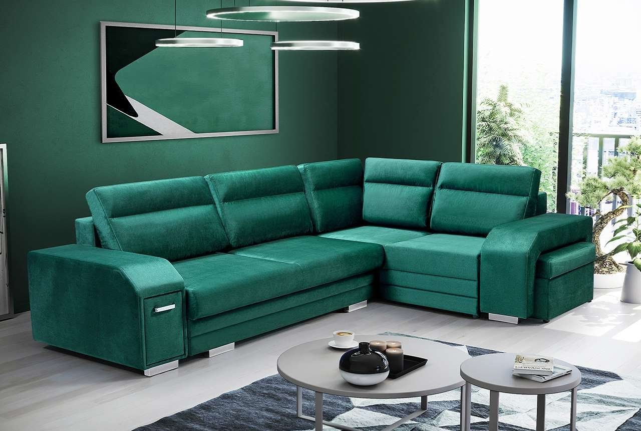 MKS MÖBEL Ecksofa ALVA, mit Hocker und Minibar - L-Form Sofa Mit Schlaffunktion Grün Monolith
