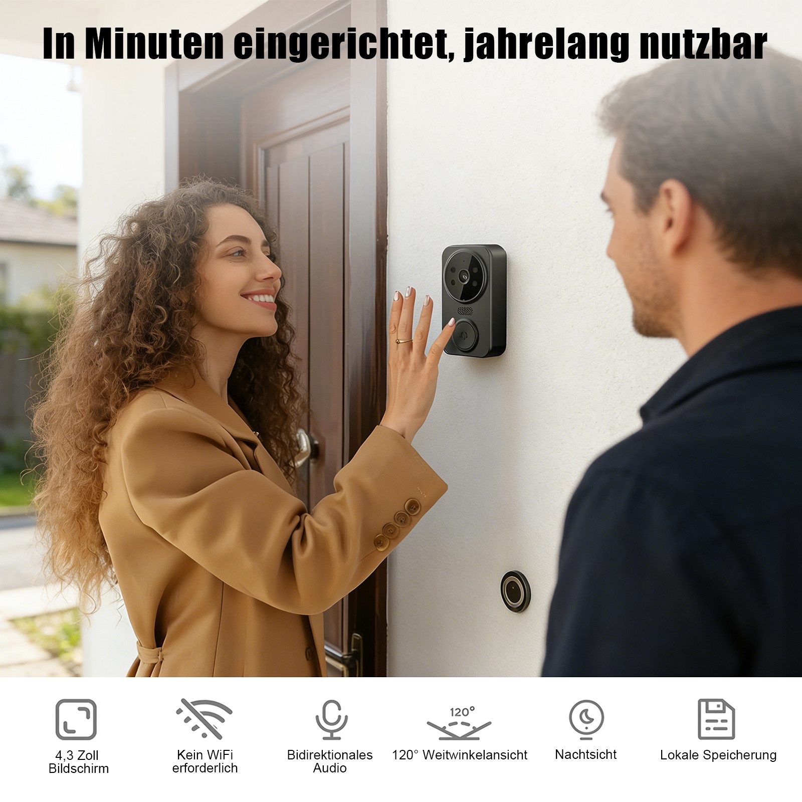 AKKEE Video-Türsprechanlage Drahtlose Video-Türklingel, 2,4-GHz-Verbindung (Mit intelligentem 4,3-Zoll-IPS-Display kabellose Türklingel)