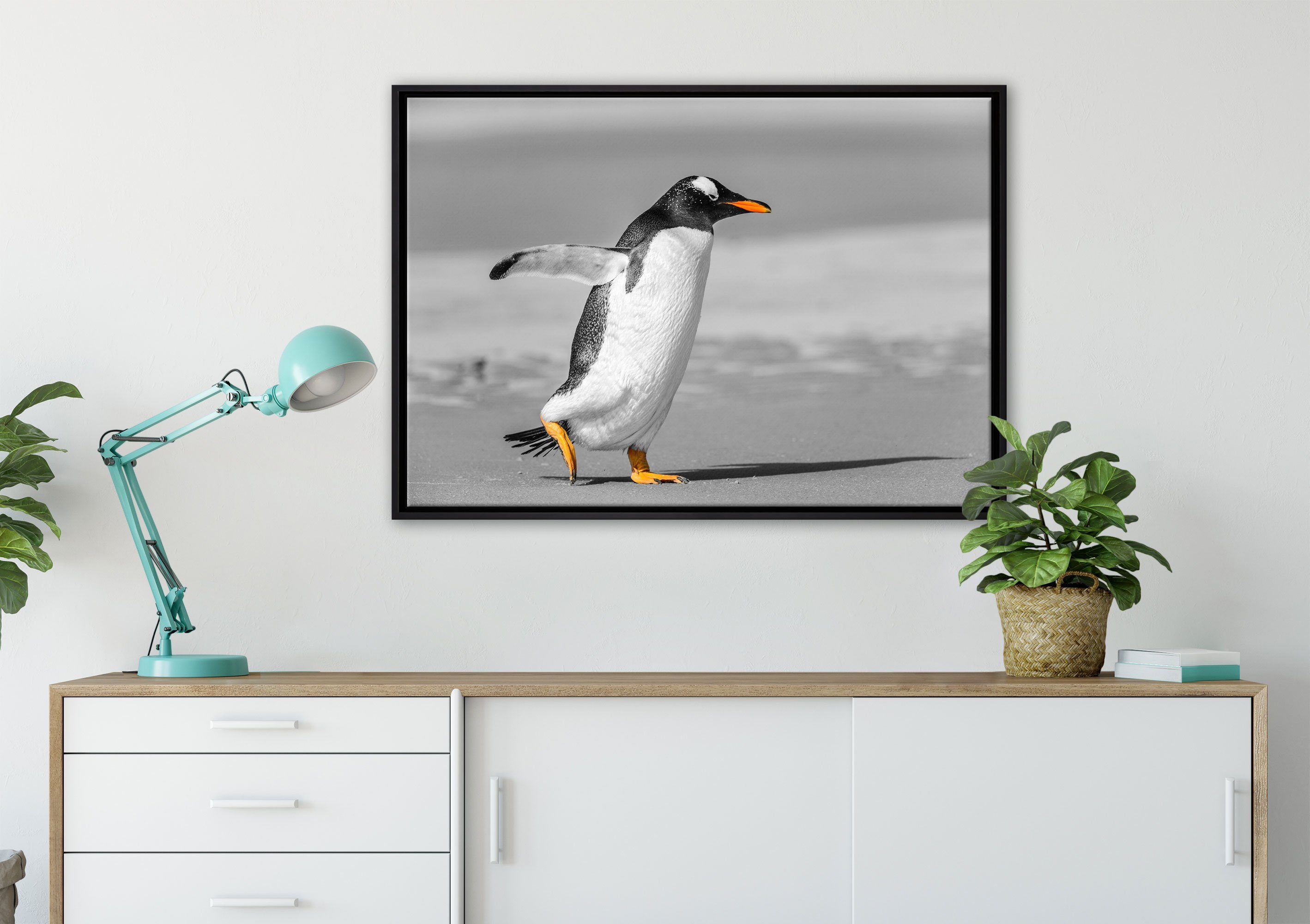 Pixxprint einem (1 bespannt, fertig Pinguin Wanddekoration Zackenaufhänger watschelnder gefasst, am Leinwandbild inkl. Leinwandbild St), Schattenfugen-Bilderrahmen Strand, in