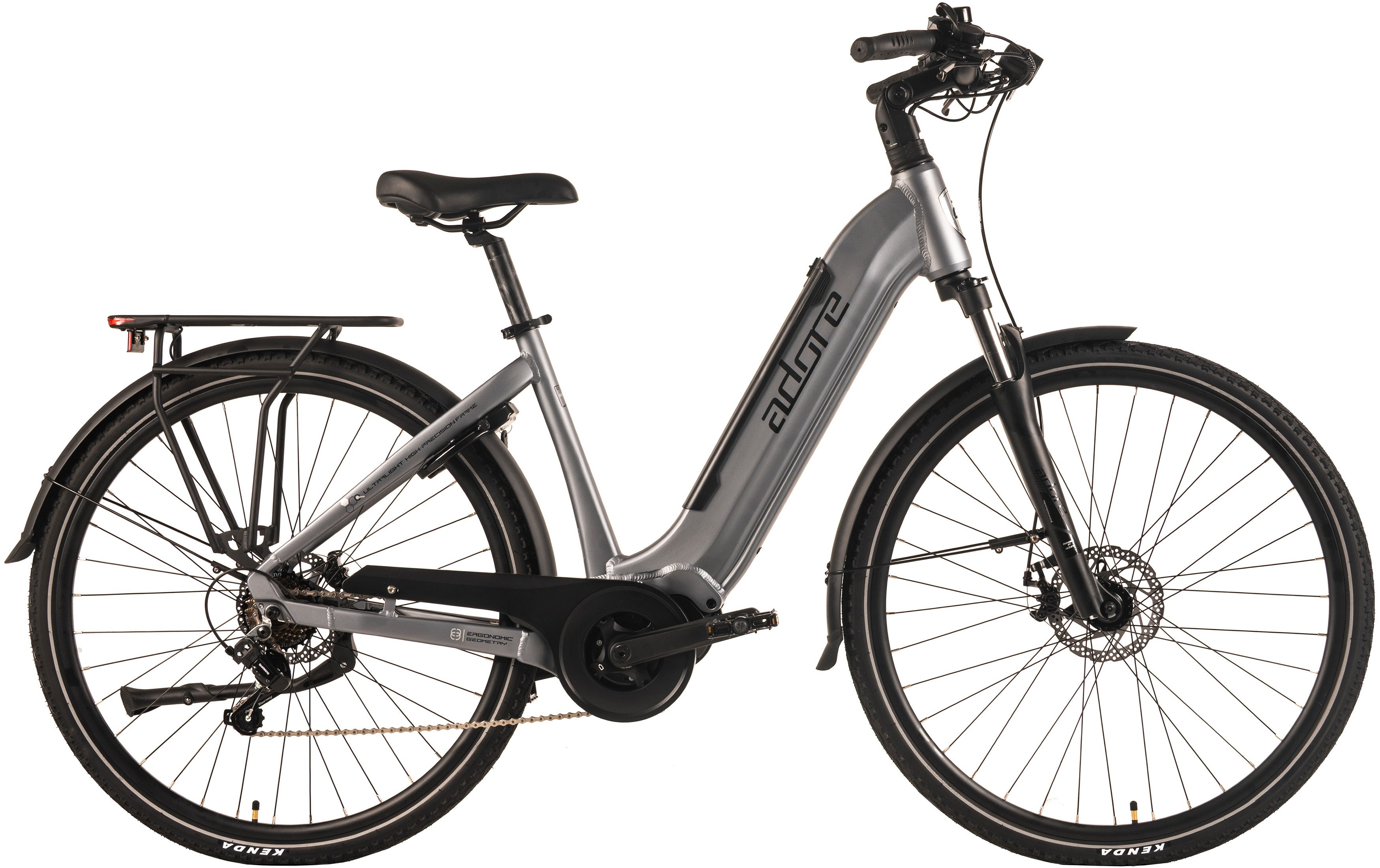 Adore E-Bike Cityrad 28" Alu Cityfahrrad CX-660 Mittelmotor 75NM / 14,7Ah Grau matt, 7 Gang Shimano Tourney Schaltwerk, Kettenschaltung, Mittelmotor, 529,2 Wh, Pedelec, Elektrofahrrad für Damen und Herren