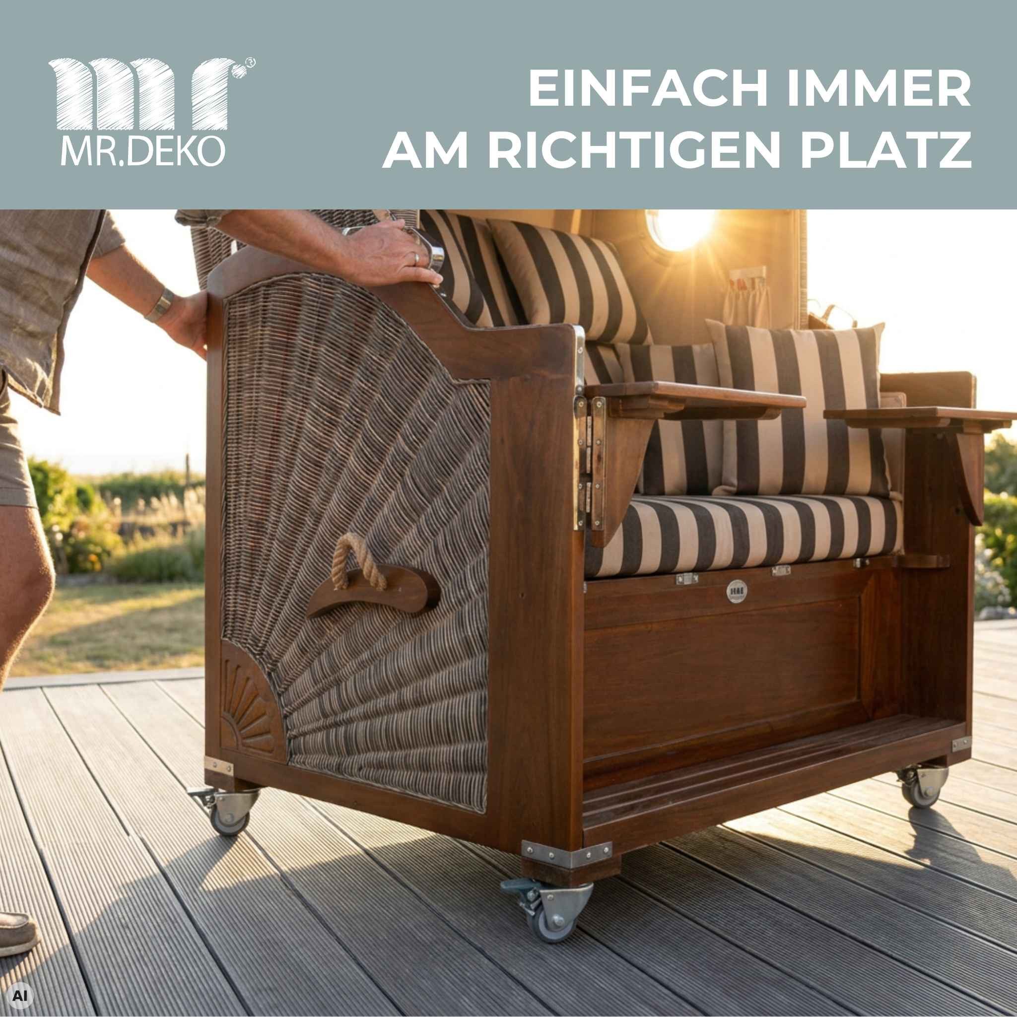 MR.DEKO Strandkorb Doppellenkrollen Möbelrollen mit Feststeller 4er Set, BxTxH: 6x12x7 cm, Für alle handelsüblichen Strandkörbe geeignet, (4er-Set, 4-tlg., 4 Doppellenkrollen aus Metall mit integriertem Feststeller), Strandkorb Rollen Set mit Feststeller für Strandkörbe