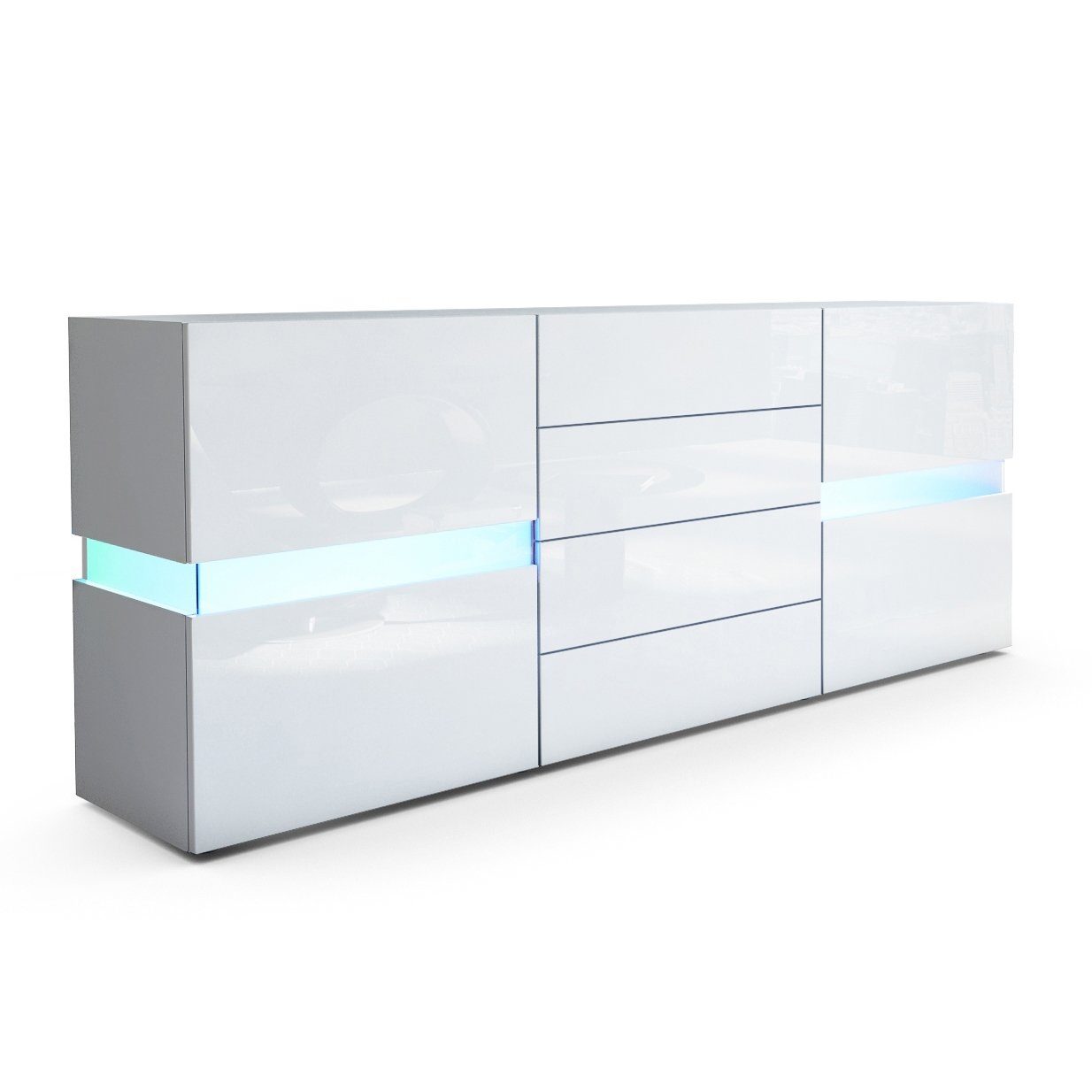 Vladon Sideboard Flow (Kommode mit Ambient Light Verglasung, mit 2 Türen, je 2 Fächer dahinter und 4 Schubladen), Weiß matt/Weiß Hochglanz, inkl. LED-Beleuchtung (177 x 75 x 39 cm)