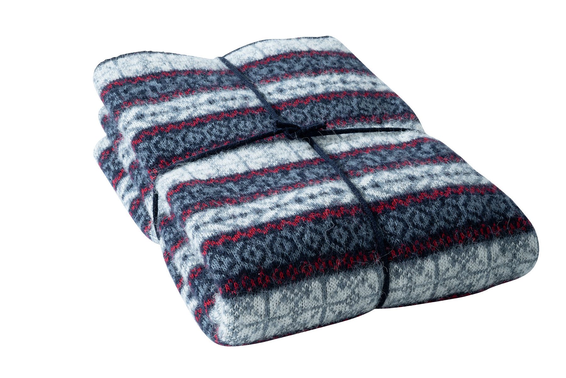 Wolldecke Strickdecke mit Traditionsmustern - streifig gemustert - blau rot weiß, KIDKA, - aus rauer isländischer Wolle