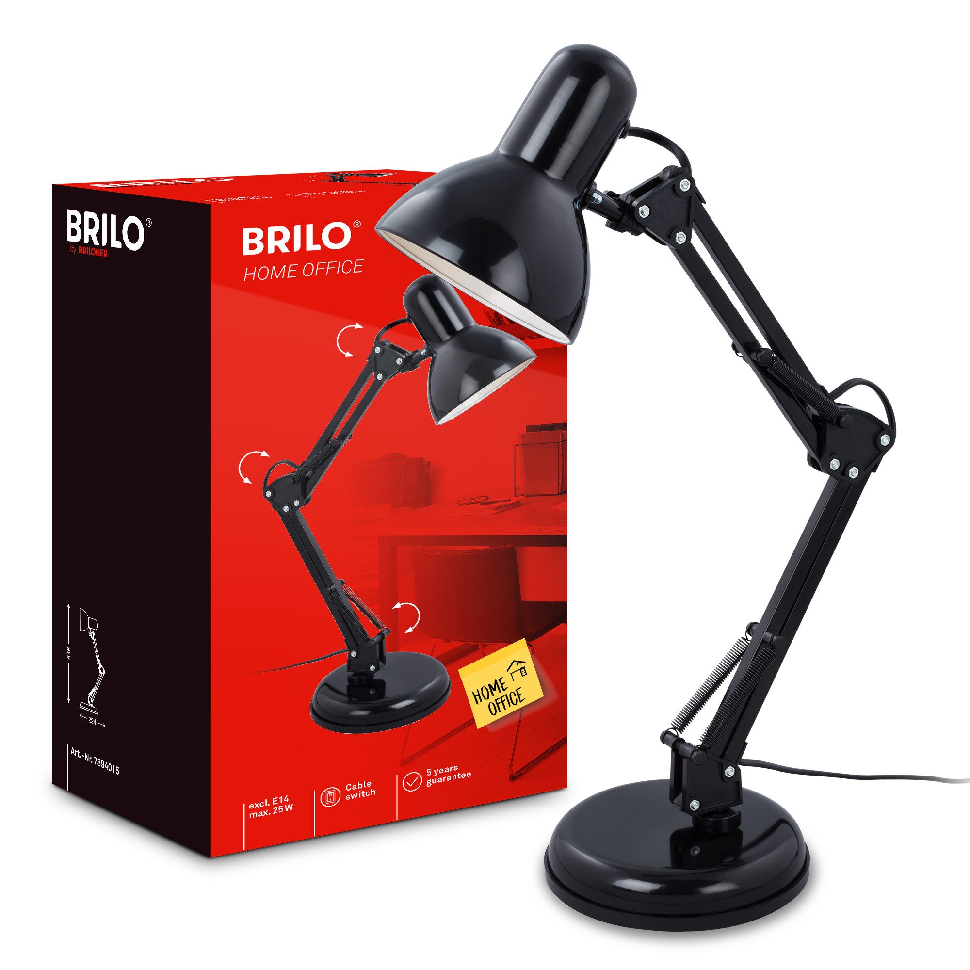 Briloner Leuchten LED Tischleuchte Tischlampe Schwenkbar Kabelschalter E14, ohne Leuchtmittel, Abhängig vom Leuchtmittel, 22,4x54,6 cm, Büro, Kinderzimmer