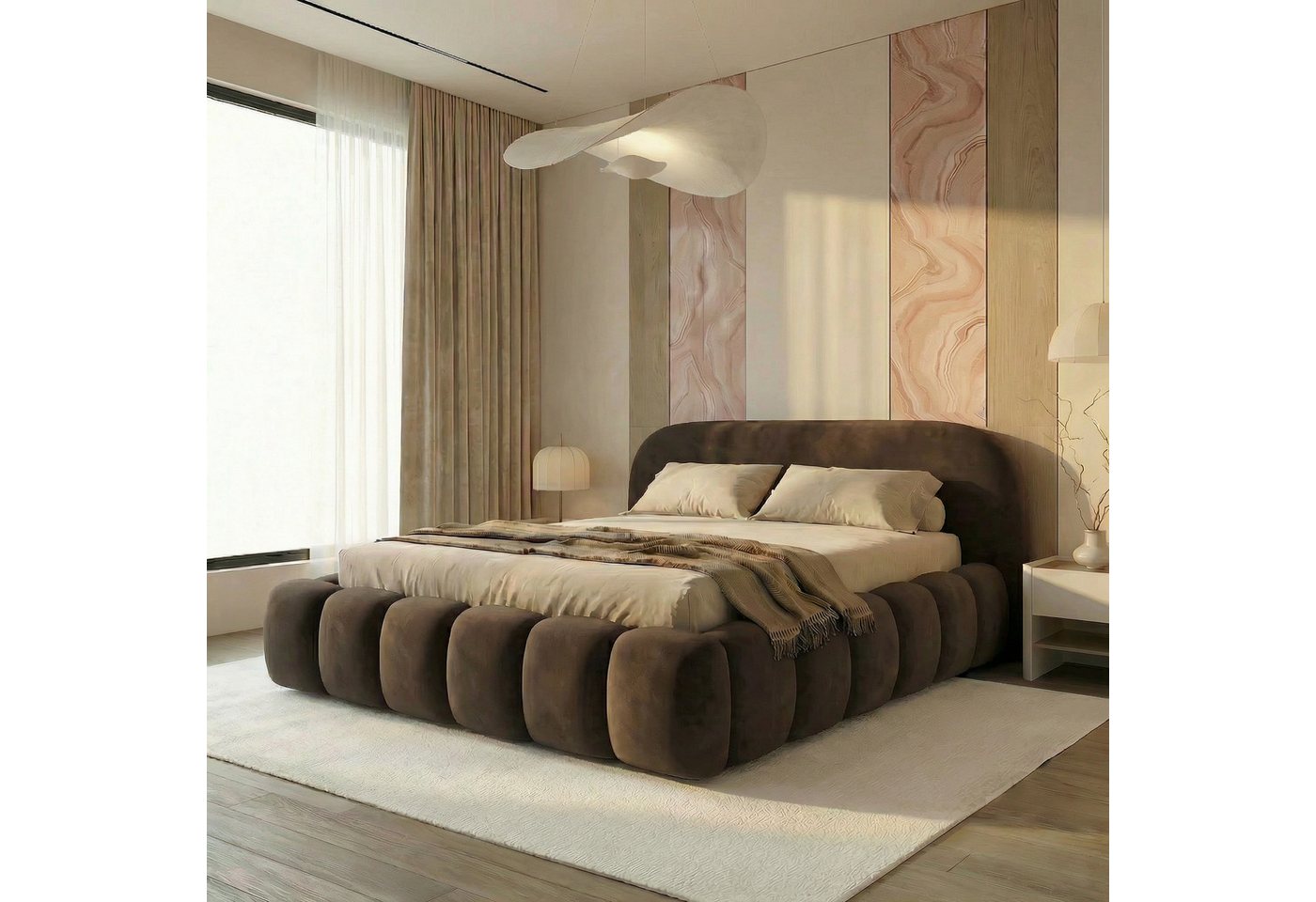 yourhouse24 Polsterbett Orlando Design SLIM Bett – Voluminöse Rillensteppung in Samt, Bubble-Optik & Japandi