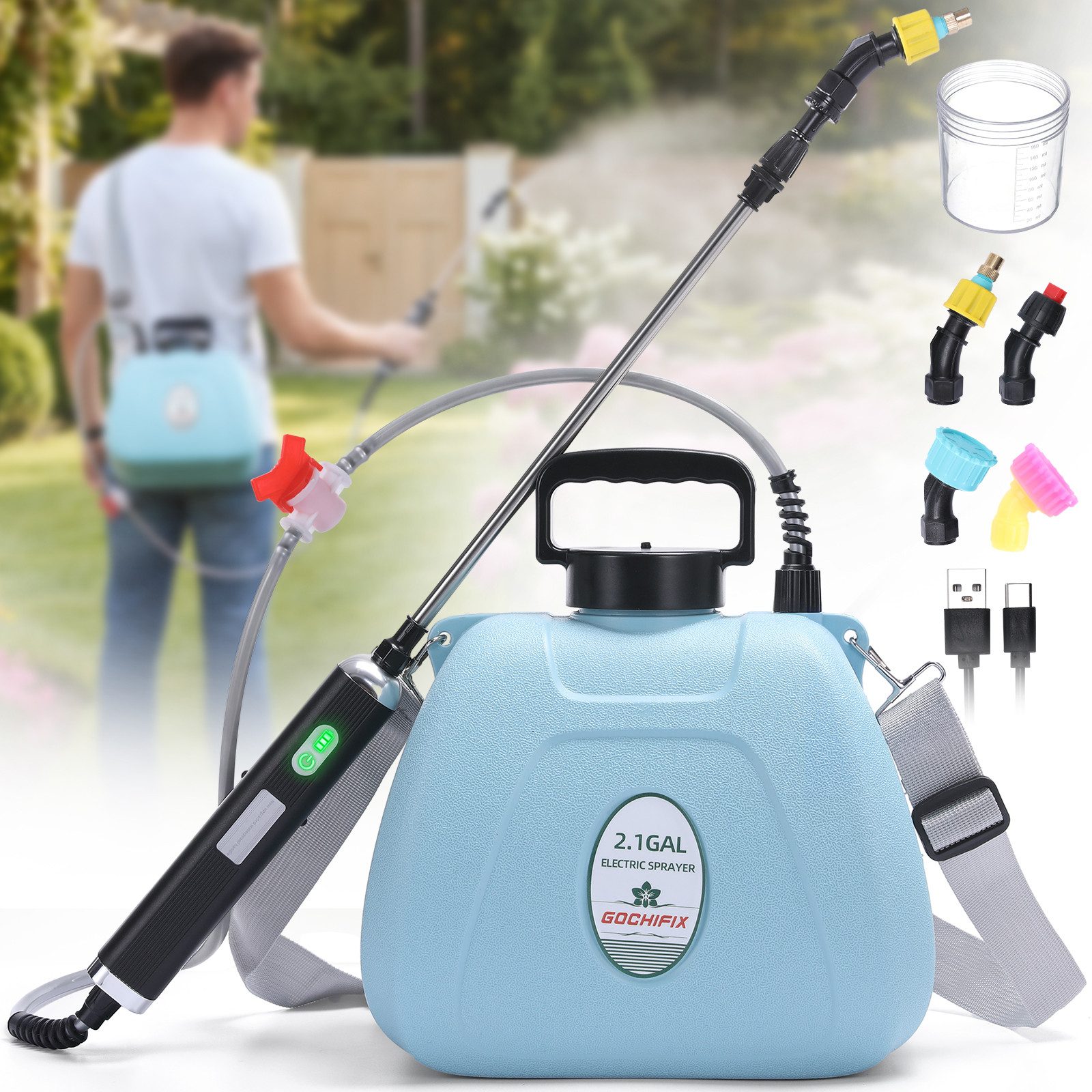 Insma Drucksprühgerät 8L Elektrisches Gartensprühgerät mit 4 verstellbaren Sprühdüsen, Akku-Drucksprühgerät mit 6 Sprühmodi und Schultergurt