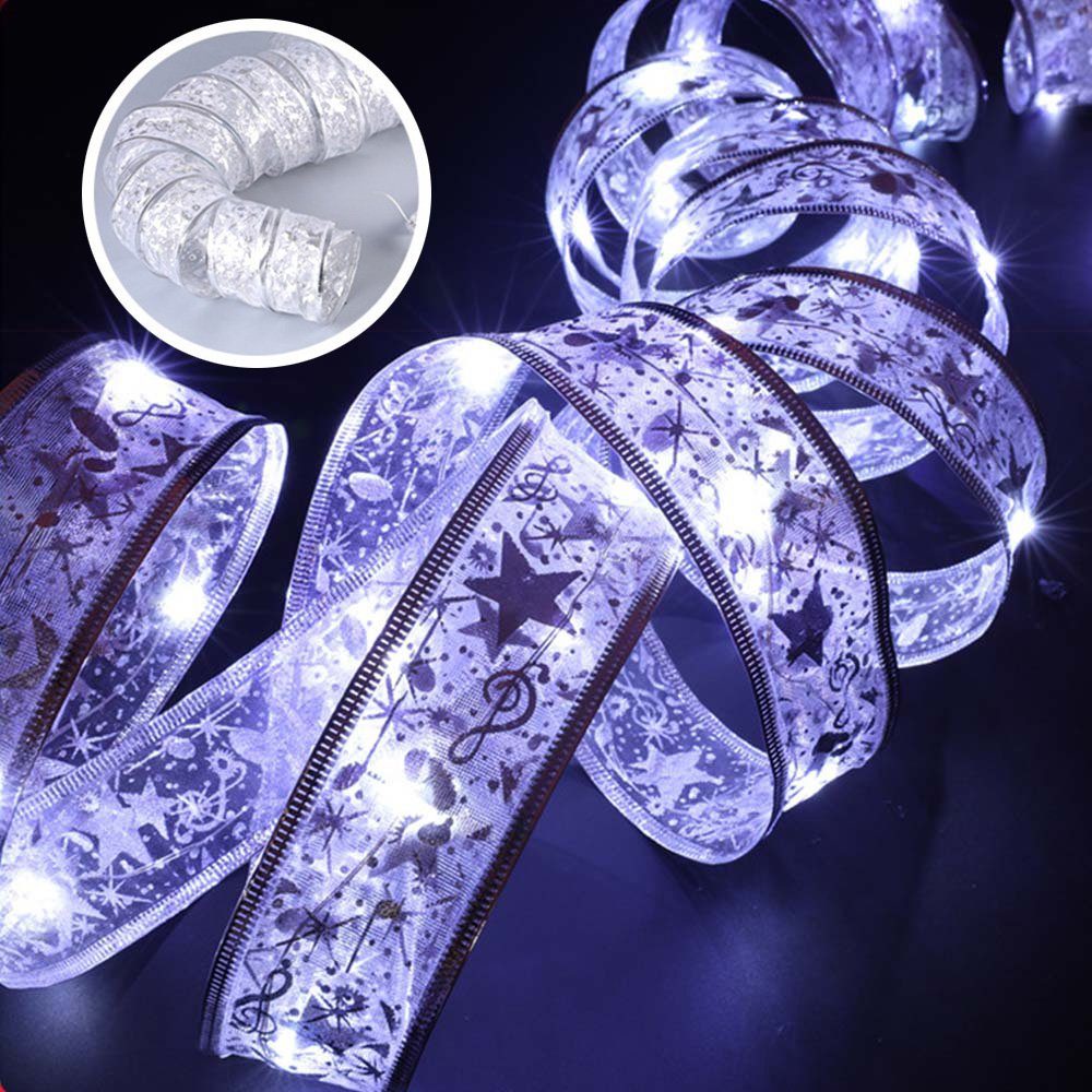 MUPOO LED-Lichterkette LED Seidenband Geschenkband Schutzkleinspannung,Gold/Sliver Batterie,Sichere Silber Weihnachtslichter LED (Weiß) LEDs Schleifenband, Band 2/4/5m 20/40/50