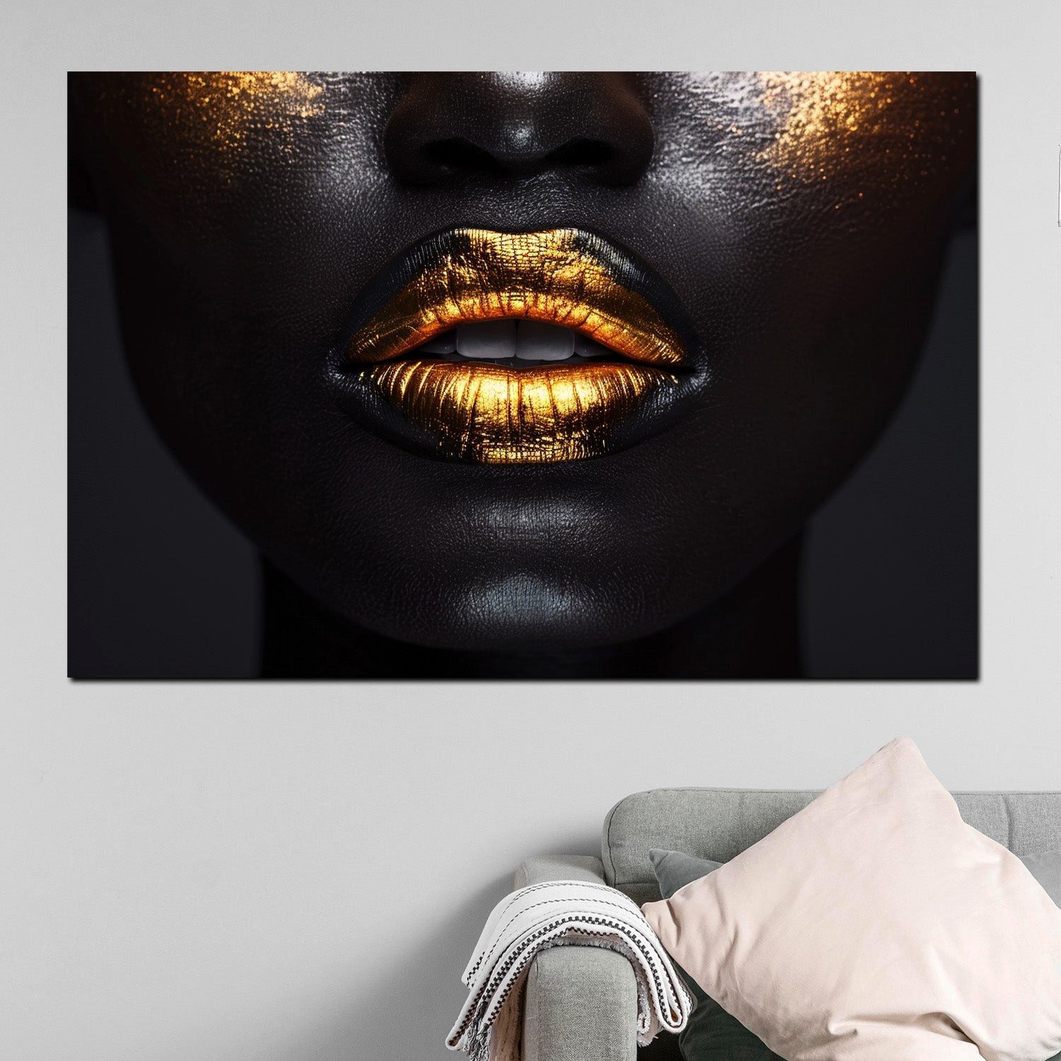 Artedinoi Leinwandbild Goldene Lippen schwarze Haut edel Leinwandbild Wandbild XXL Deko, Goldene Lippen auf schwarzer Haut