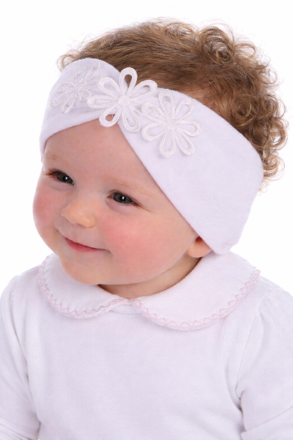La Bortini Stirnband Stirnband Baby Kopfband in Weiß Creme Rosa für Taufe und Feste (Kopfschmuck für Mädchen) elastisch, weich, mit drei Blumchen