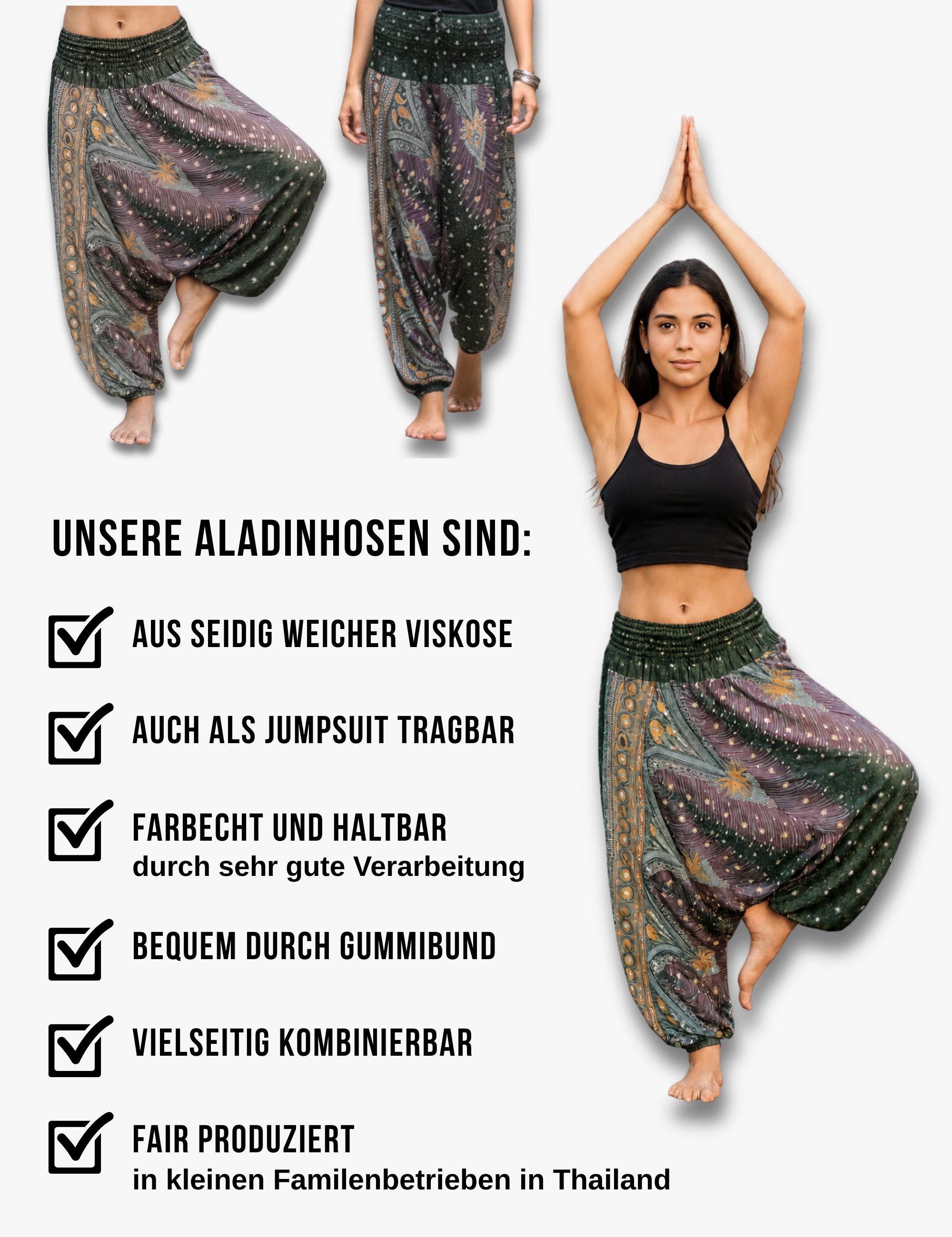 PANASIAM Haremshose Aladinhose im schönen Peacock Design Haremshose aus 100% natürlicher Viskose auch als Overall tragbar Damen Pumphose bequeme Freizeithose