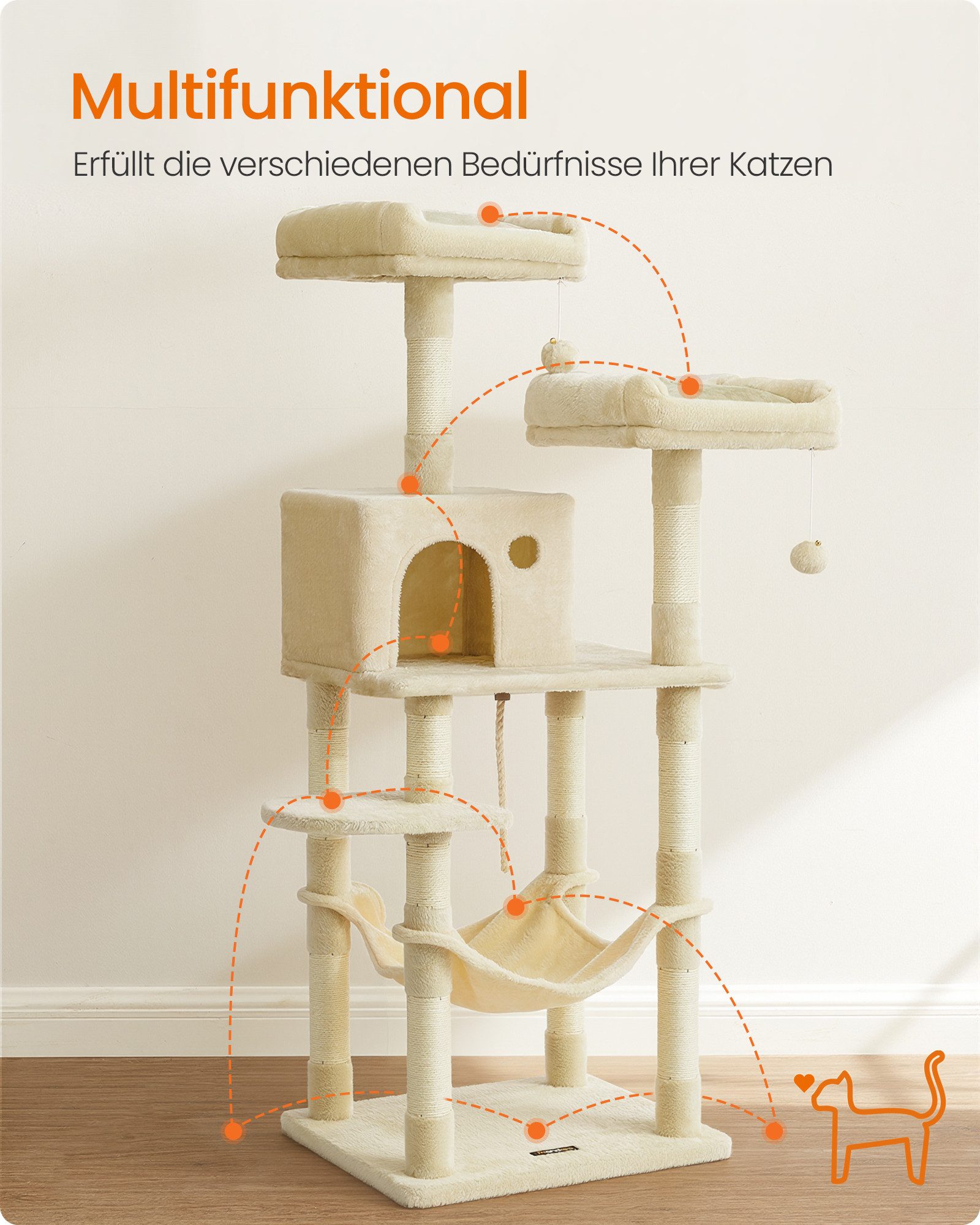 FEANDREA Kratzbaum, Katzenbaum, 143 cm, 2 kuschelige Aussichtsplattformen