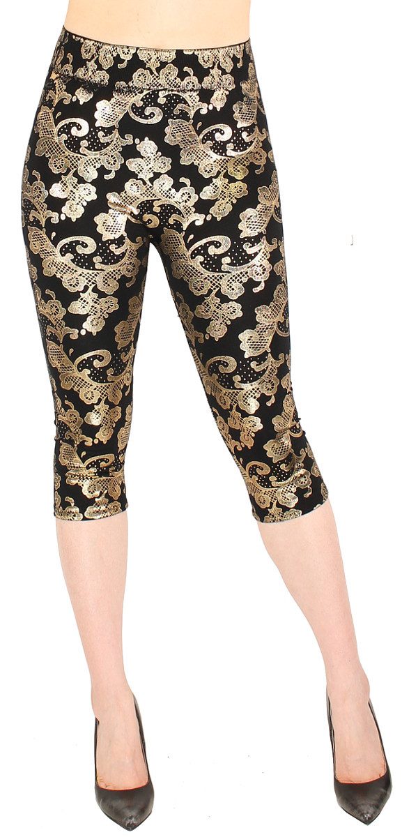 dy_mode Caprileggings Damen Capri Леггинсы 3/4 Sommerleggings mit goldfarbenem Glanzmuster High Waist