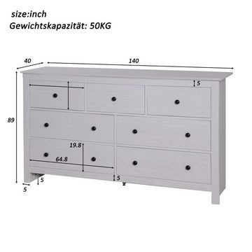 Merax Sideboard Holz mit 7 Schubladen, Schubkastenkommode im Landhausstil, Kommode, Wohnzimmerschrank, B/H/T:140/89/40cm