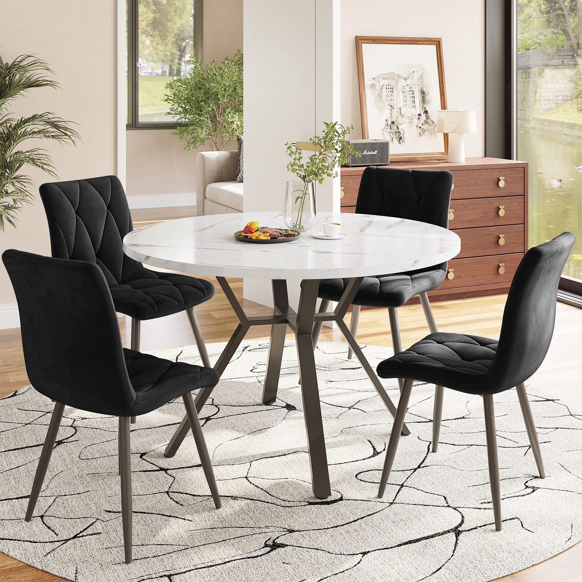 i@home Essgruppe rundes Esstisch aus Marmor mit 4 Samtstühle, grau/schwarz/ günstig online kaufen