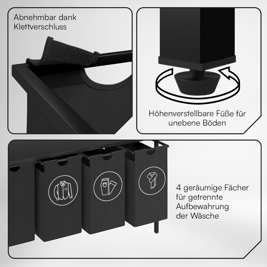 STEELSØN Wäschekorb Rigil aus Metall (3 Fächer (120 L) mit 1 MDF-Ablagefläche, schwarz), auch verfügbar mit 2 oder 4 Fächern, ausziehbar & abnehmbar – Bild 3 von 5