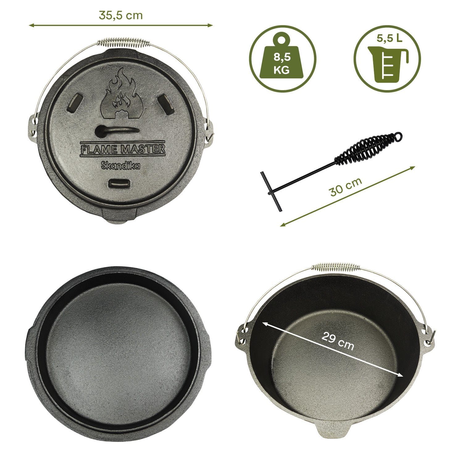 Skandika Grilltopf Dutch Oven Flame Master 7,1 L mit Füße, Feuertopf, Gulaschtopf, (Tragetasche, Deckelheber, auch Pfanne, bereits eingebrannt), Gusseisen Topf zum Kochen, inkl. Rezeptbuch der Sauerländer BBCrew