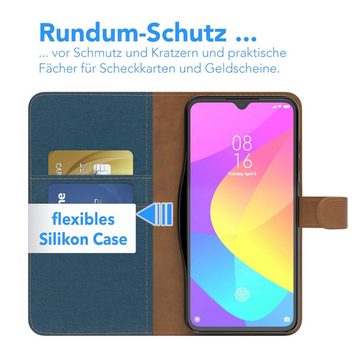 EAZY CASE Handyhülle Bookstyle Jeans für Xiaomi Mi 9 Lite 6,39 Zoll, Klappcase mit Standfunktion und Kartenfach Stoff Schutzhülle Blau