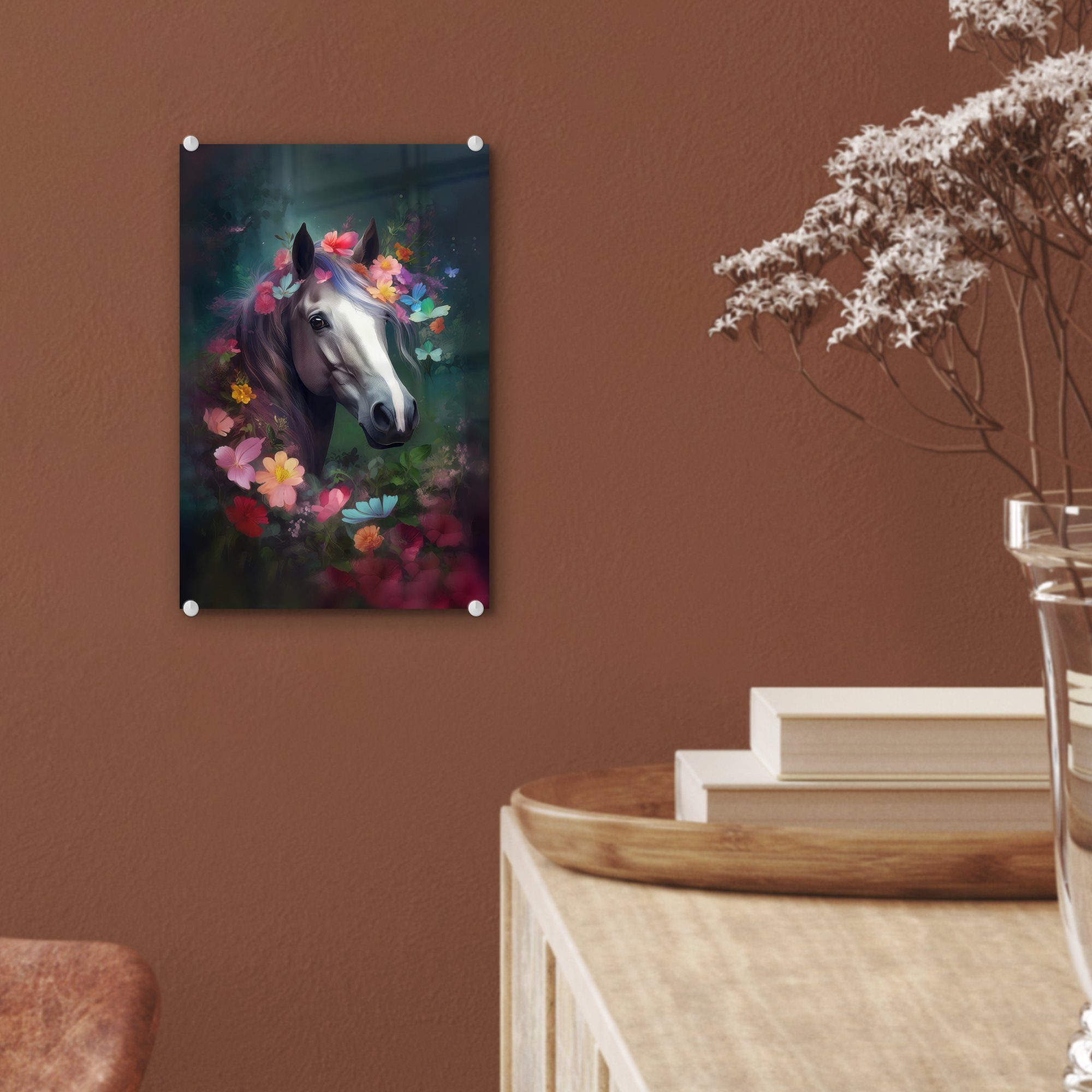 (1 - Pferd Glasbilder auf Tiere, Wandbild Natur Glas Wanddekoration MuchoWow St), - - auf Glas Wald Bilder - - - Foto - Blumen Acrylglasbild