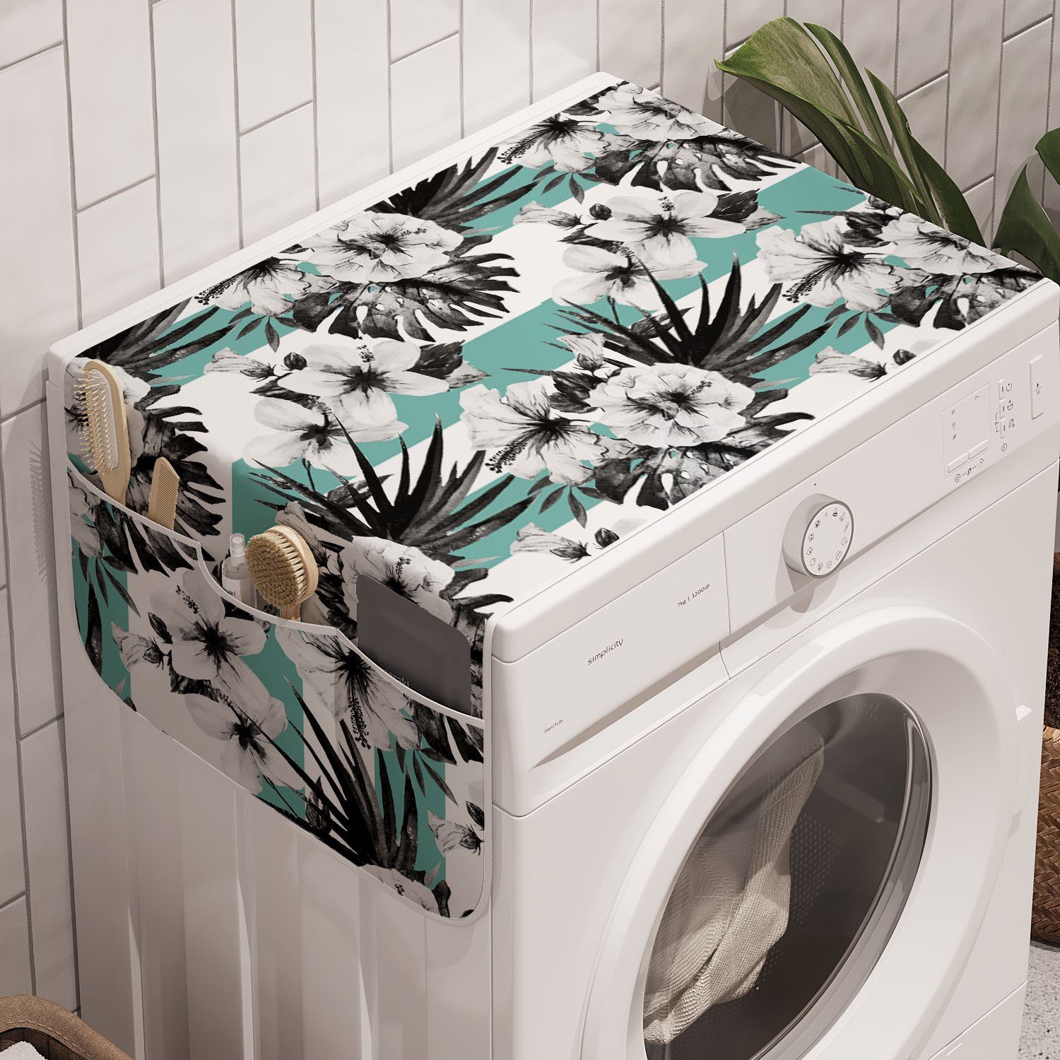 Abakuhaus Badorganizer Anti-Rutsch-Stoffabdeckung für Waschmaschine und Trockner, Blumen Exotische Hibiscus auf Streifen