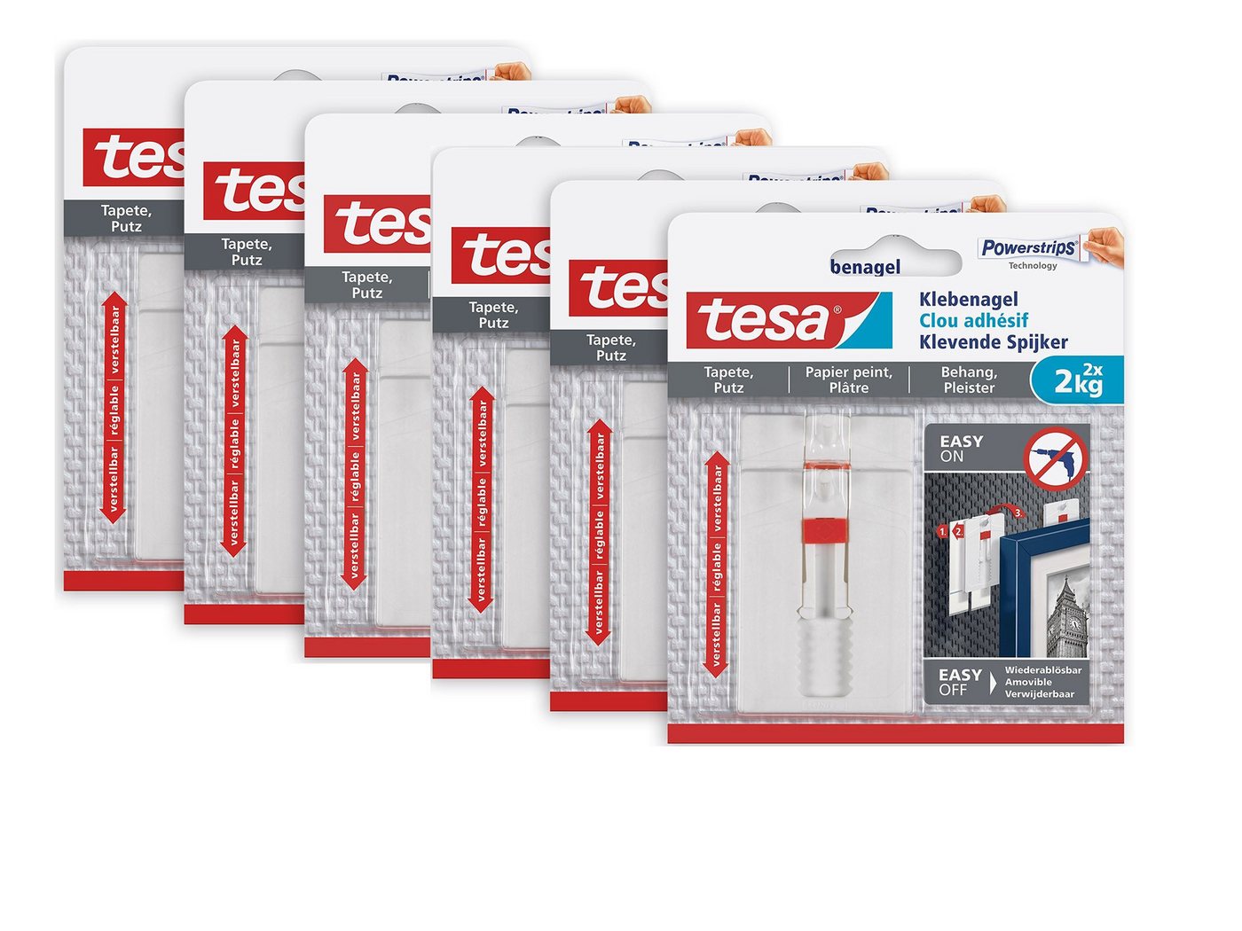 tesa Klebehaken Klebenagel mit max. 2 kg Haltekraft für Bilder - verstellbar, Dekoration, Leinwände, Bilder, Girlanden, Lichterketten, (Spar-Set, 12-St., inkl. Powerstrips), Klebenagel - POWERSTRIPS Doppelseitig - Tapete & Putz - 12er Pack