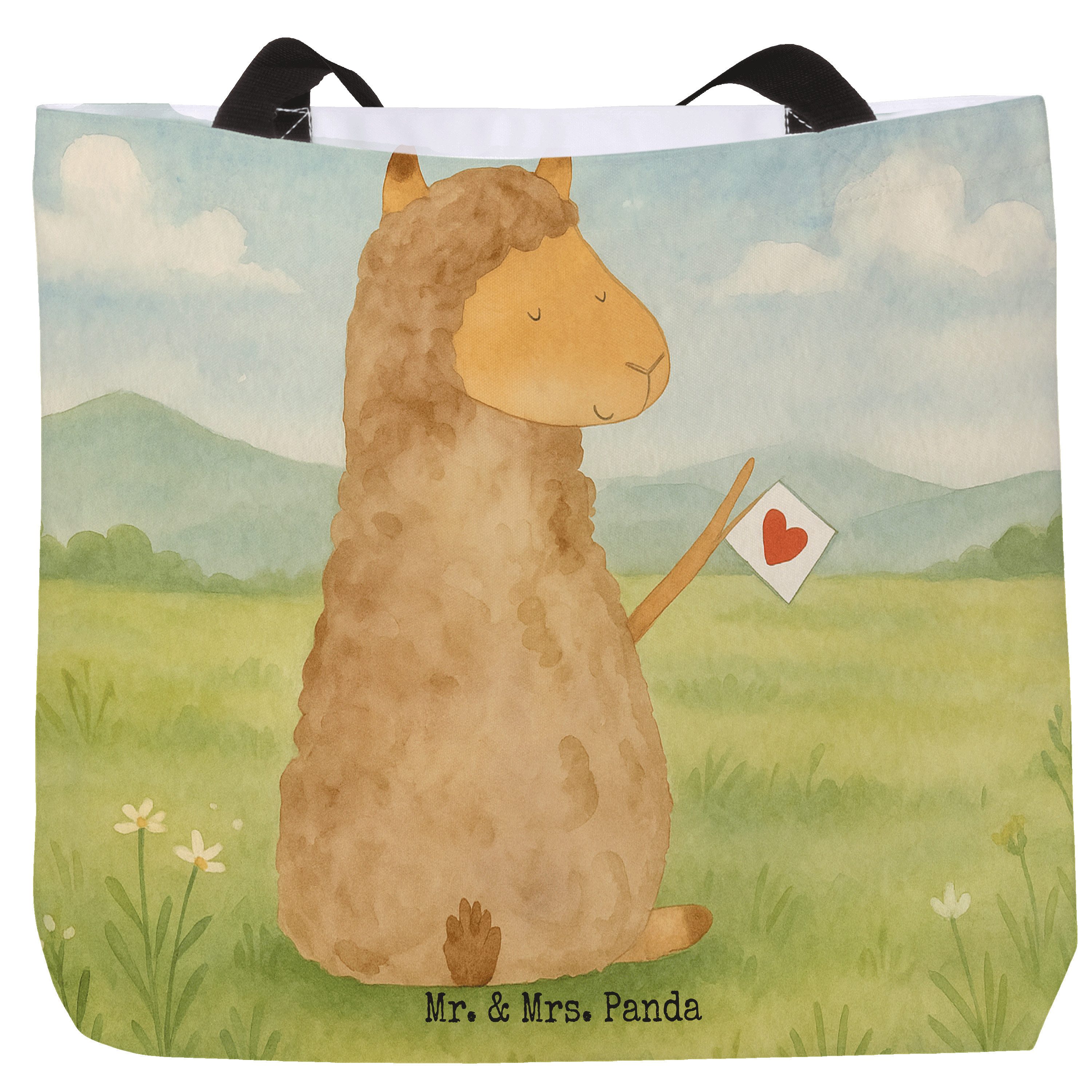Mr. & Mrs. Panda Shopper Alpaka Fahne Design, Reisetasche, Weiß, Lamas, Tote Bag, Lama, Reiset (Packung), studententasche Tragebeutel Lamas