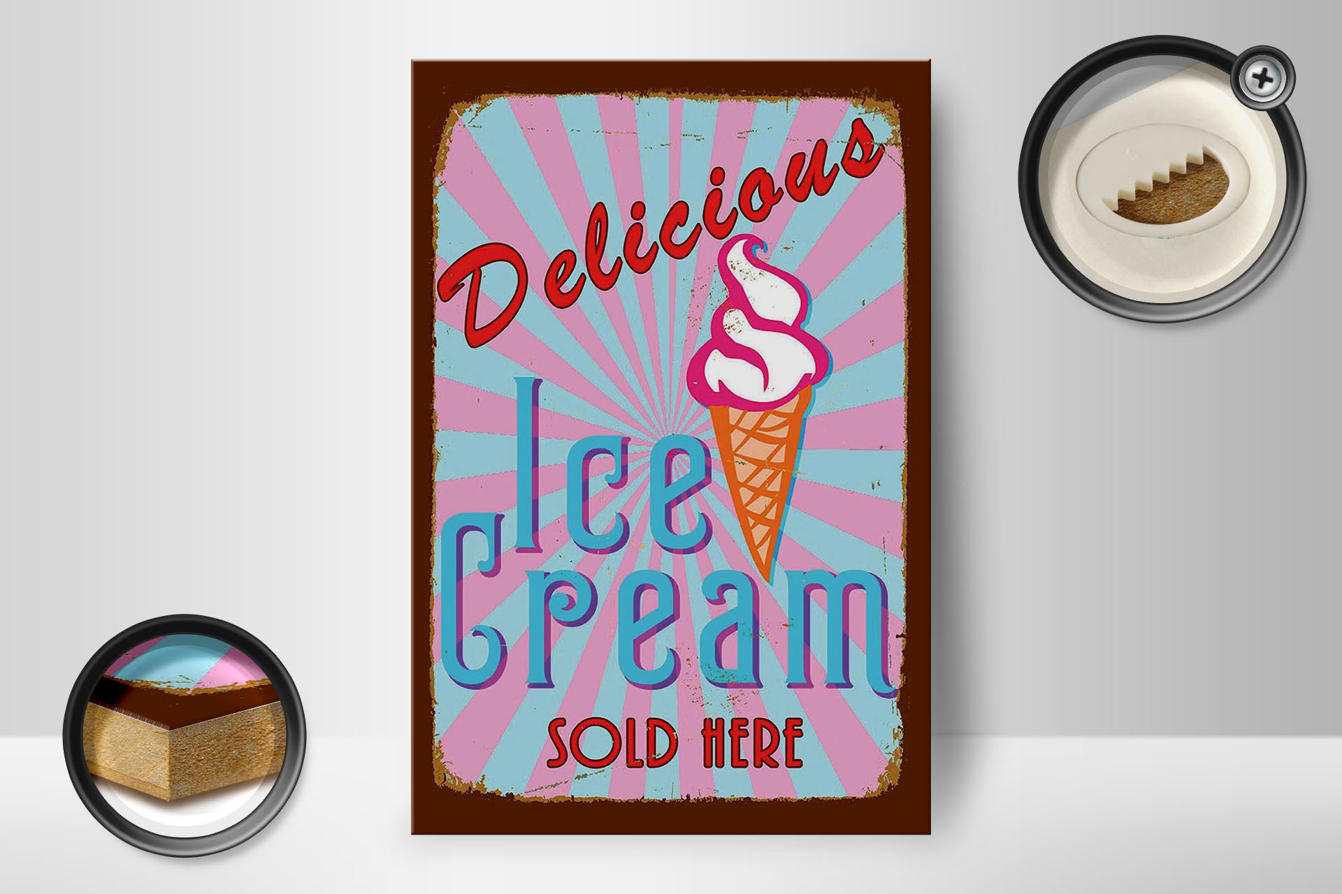 Femer GmbH Holzbild Reklame 12x18 cm Delicious Ice Cream sold here, (1 St), Glatte Holzfaserplatte (MDF), vorn beschichtet