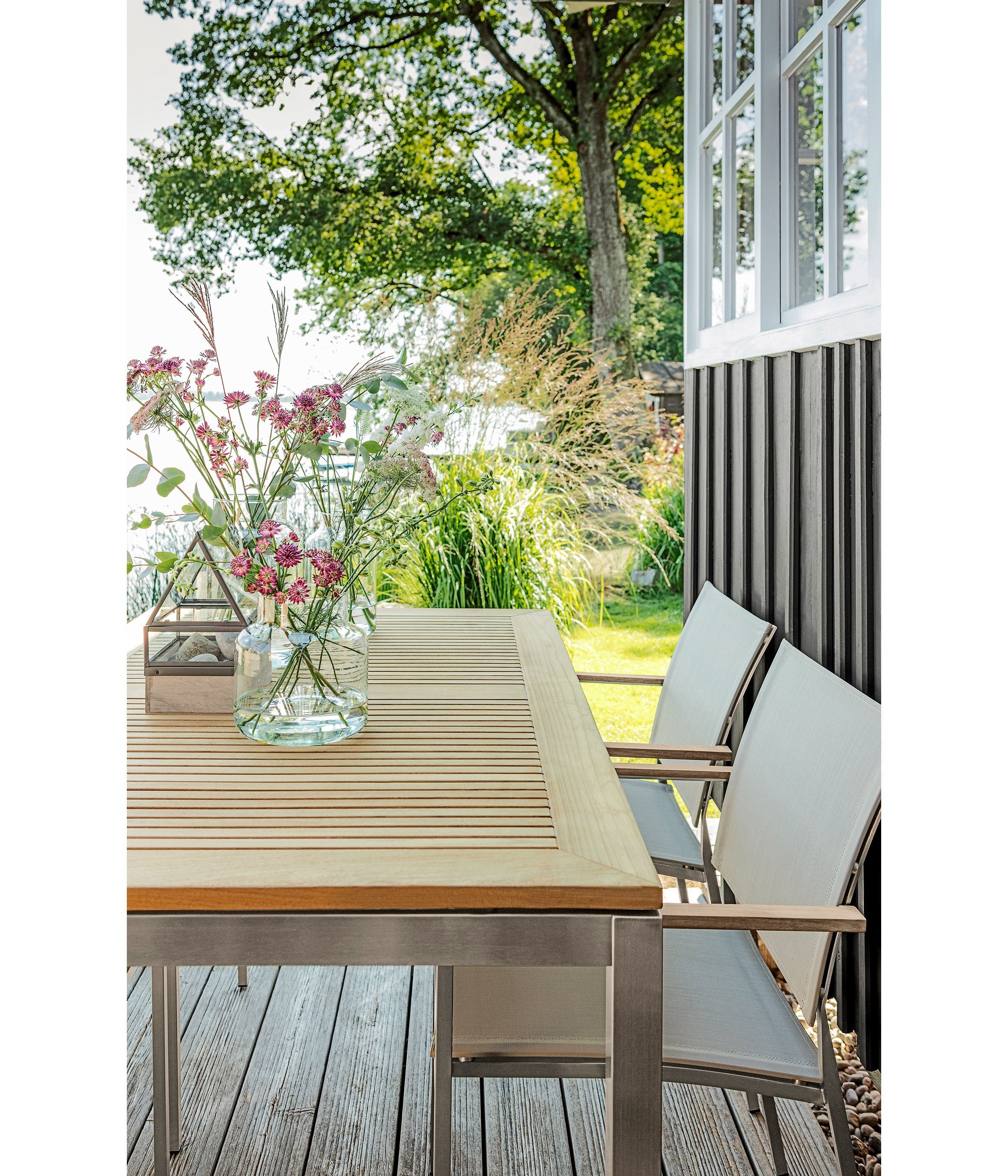 Teakholz 152 Edelstahl Gartentisch 90 und elegantem FSC® cm, Dehner Gartentisch x aus x Toulouse, Holz/Edelstahl, 75 FSC®-zertifiziertem