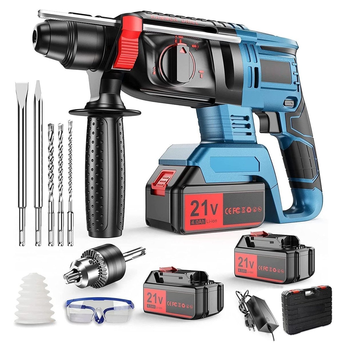 AeroAxis Akku-Bohrhammer 900W Bürstenloser SDS-plus Schlagbohrmaschine mit Bohrmeißel, 21 V, max. 5500 U/min, (Set, 3 Bohrer, 2 Meißel), 2x4000mAh Akku, 4 in 1 Funktionen für den Heimgebrauch und Bauarbeiten