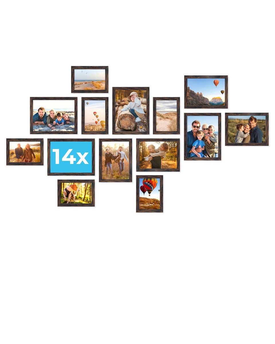 PHOTOLINI Bilderrahmen Sets in verschiedenen Formaten, MDF Holz, Acrylglas & Zubehör, für 14 Bilder (14er Set), Posterrahmen 14er Set No.2 zum Aufhängen oder Aufstellen