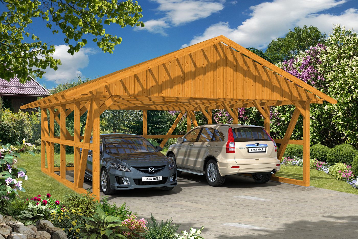 Thumbnail - Skanholz Doppelcarport Schwarzwald, BxT: 684x772 cm, 220 cm Einfahrtshöhe, mit Dachlattung
