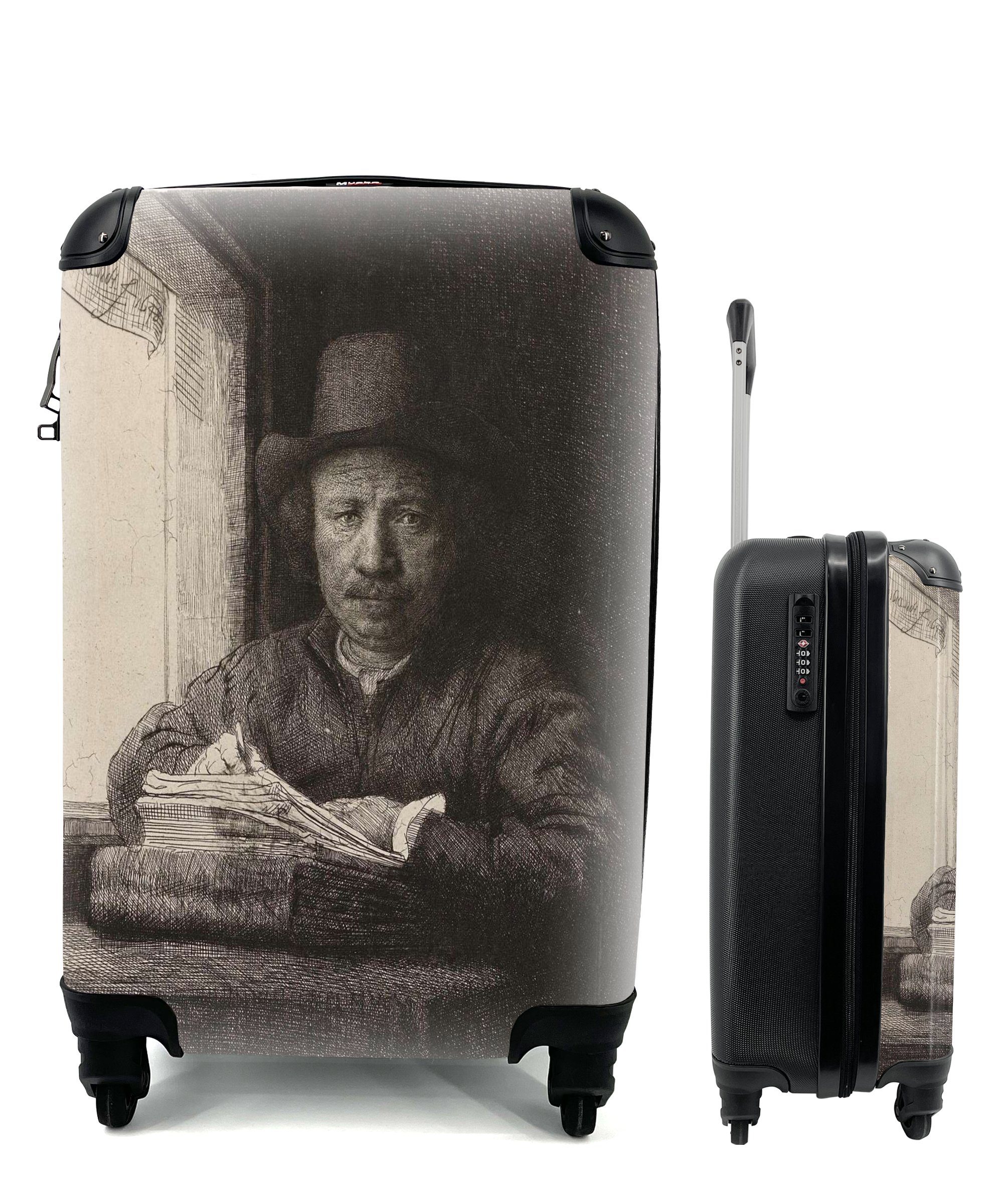 MuchoWow Handgepäckkoffer Selbstbildnis von Rembrandt, Radierung neben einem Fenster - Rembrandt, 4 Rollen, Reisetasche mit rollen, Handgepäck für Ferien, Trolley, Reisekoffer