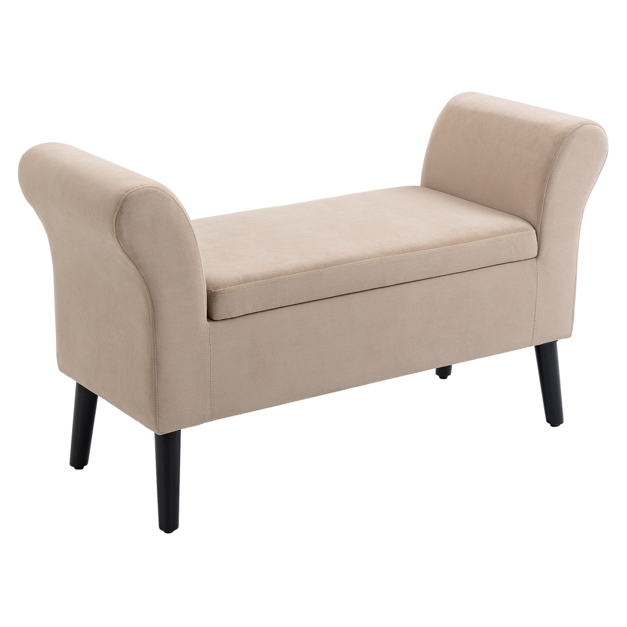 HOMCOM Sitzbank Polsterbank mit Stauraum Armlehnen (Lagerbank, 1-St., Aufbewahrungsbank), samtartiges Polyester Gummiholz Beige 111,5 x 41 x 65 cm