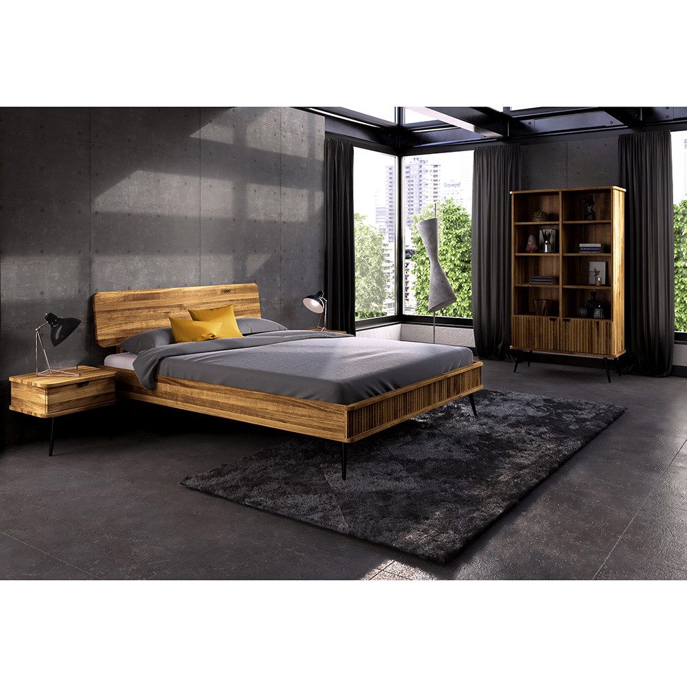 Lomadox Schlafzimmer-Set KABALA-165, (Spar-Set, 5-tlg., Bettgestell Bücherregal Nachttische), Eiche massiv geölt, Liegefläche 140x200 cm, gerillte Front