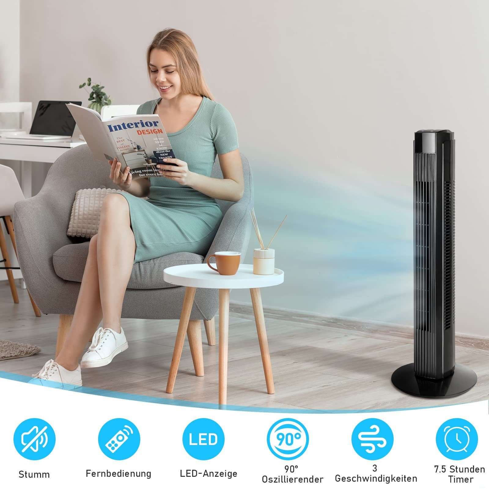 ZMH Turmventilator Schwarz Leise 90° Oszillierender günstig online kaufen