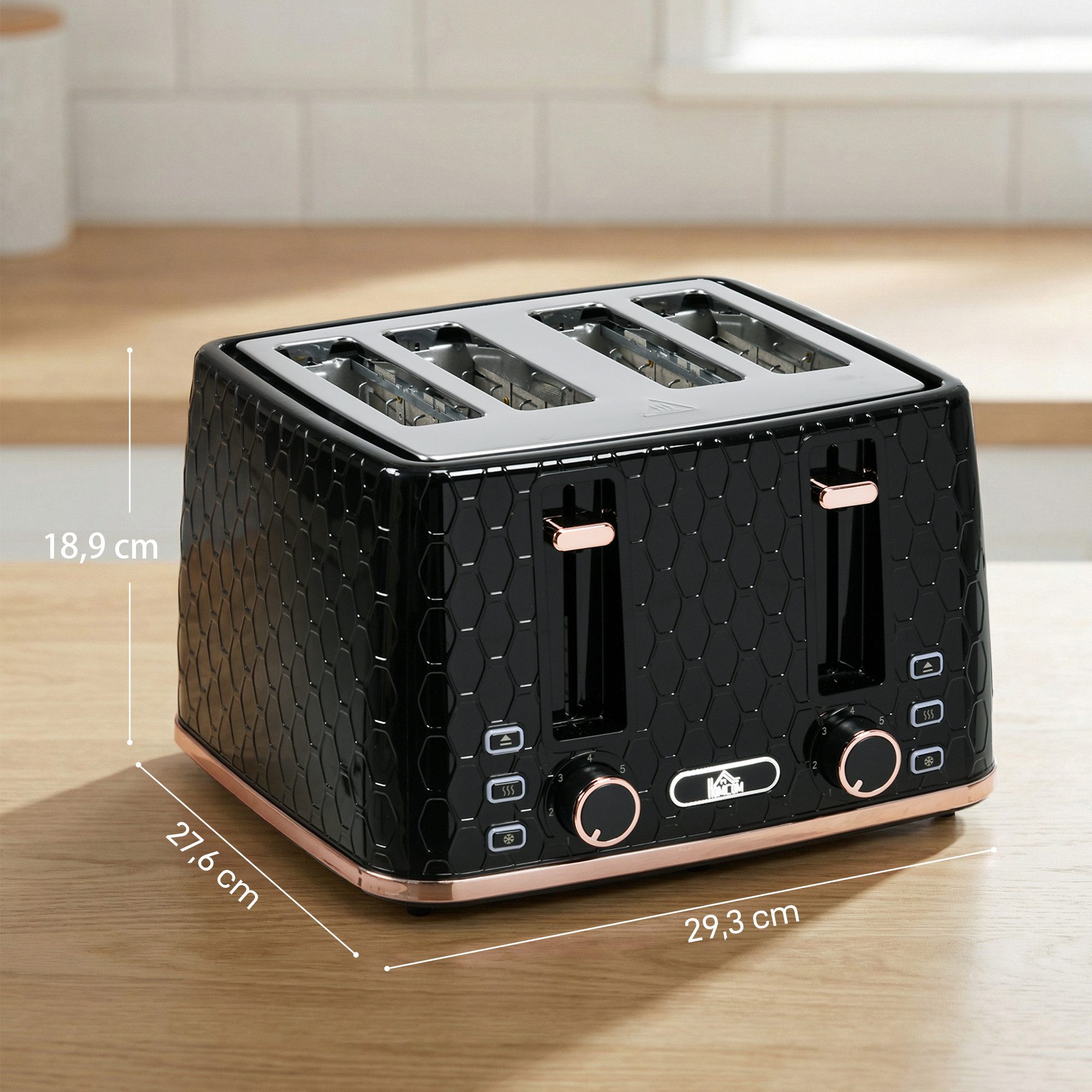 HOMCOM Toaster 4 Scheiben mit 7 Bräunungsstufen, 4 kurze Schlitze, für 4 Scheiben, 1860 W, Automatische Abschaltung, 7 Bräunungsstufen