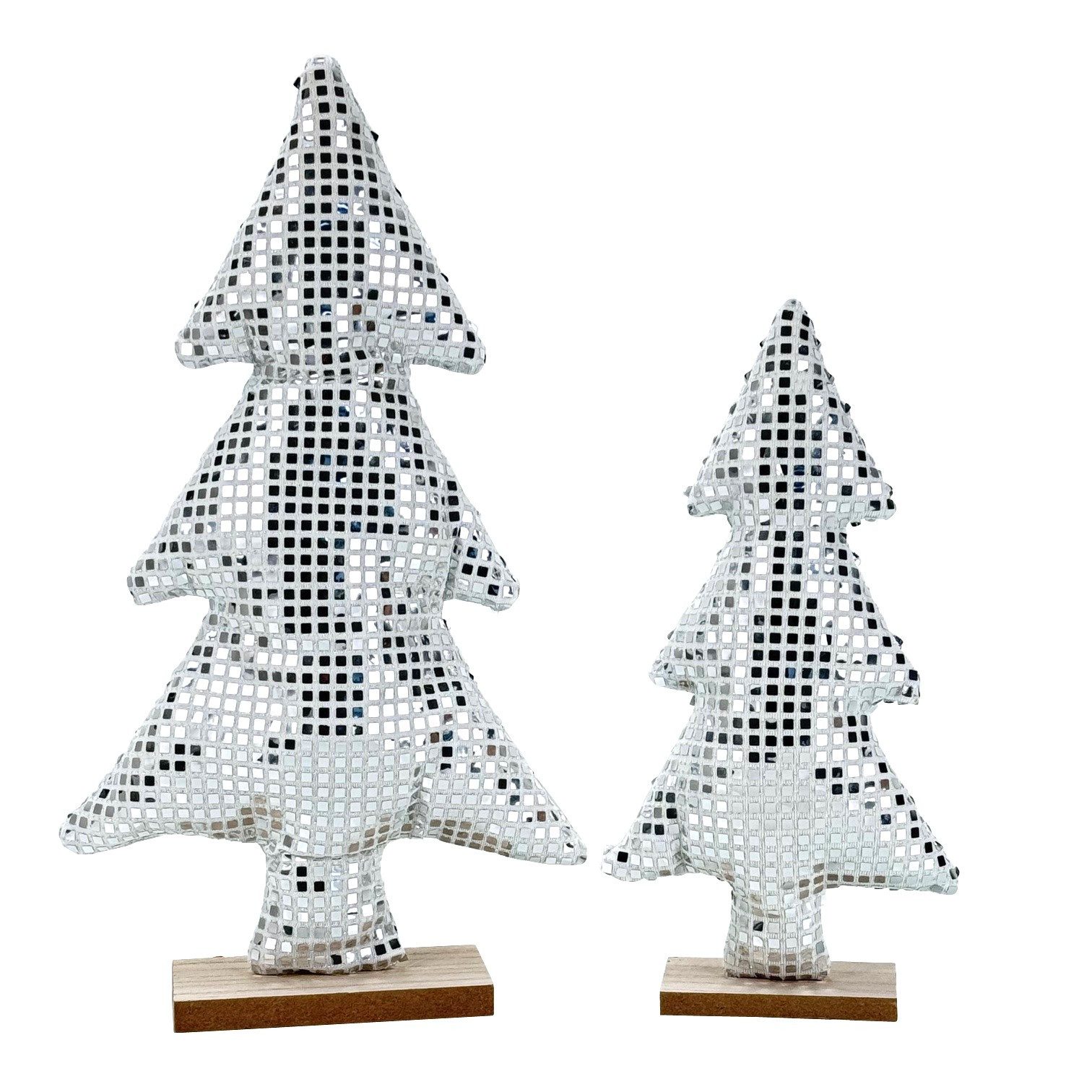 Online-Fuchs Dekofigur 2 Weihnachtsbäume im Set mit Discokugel Effekt - moderne Dekoration (silber, weißes Design, 27 und 37 cm groß), Glanz und gute Laune in der Weihnachtsdekoration